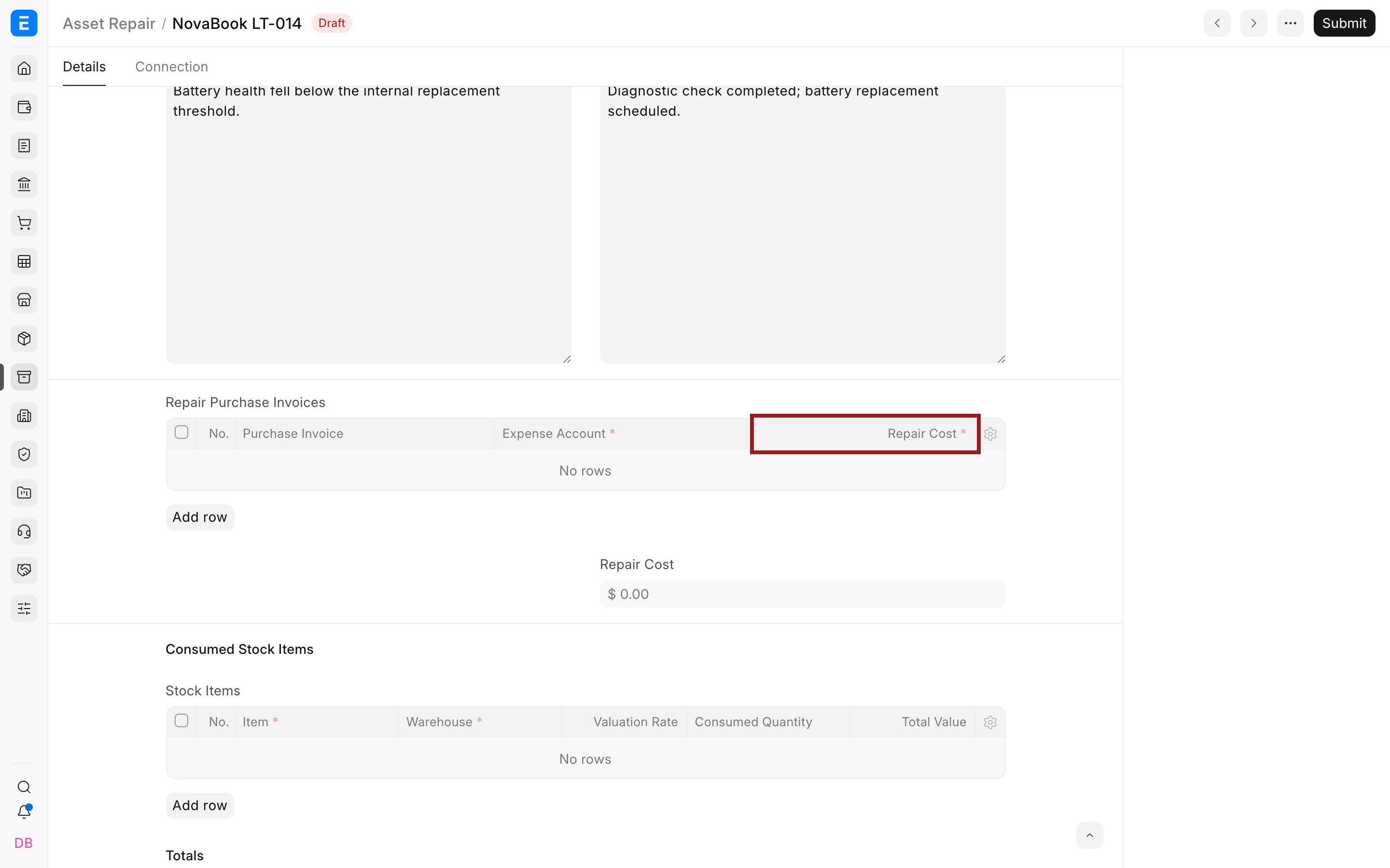 Repair cost and capitalization fields in Bravo Hub ERP