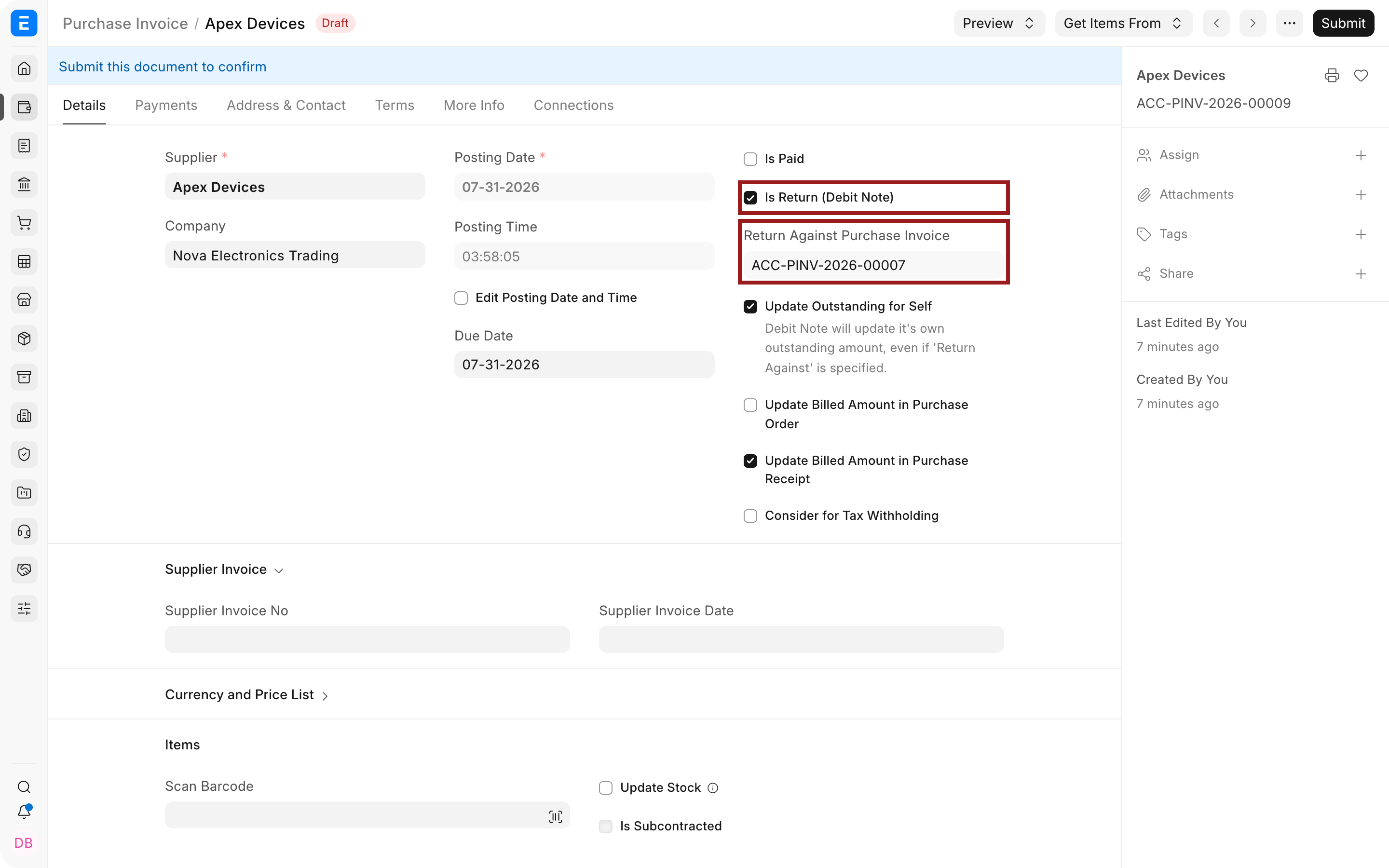 Price adjustment Debit Note linked to the original Purchase Invoice