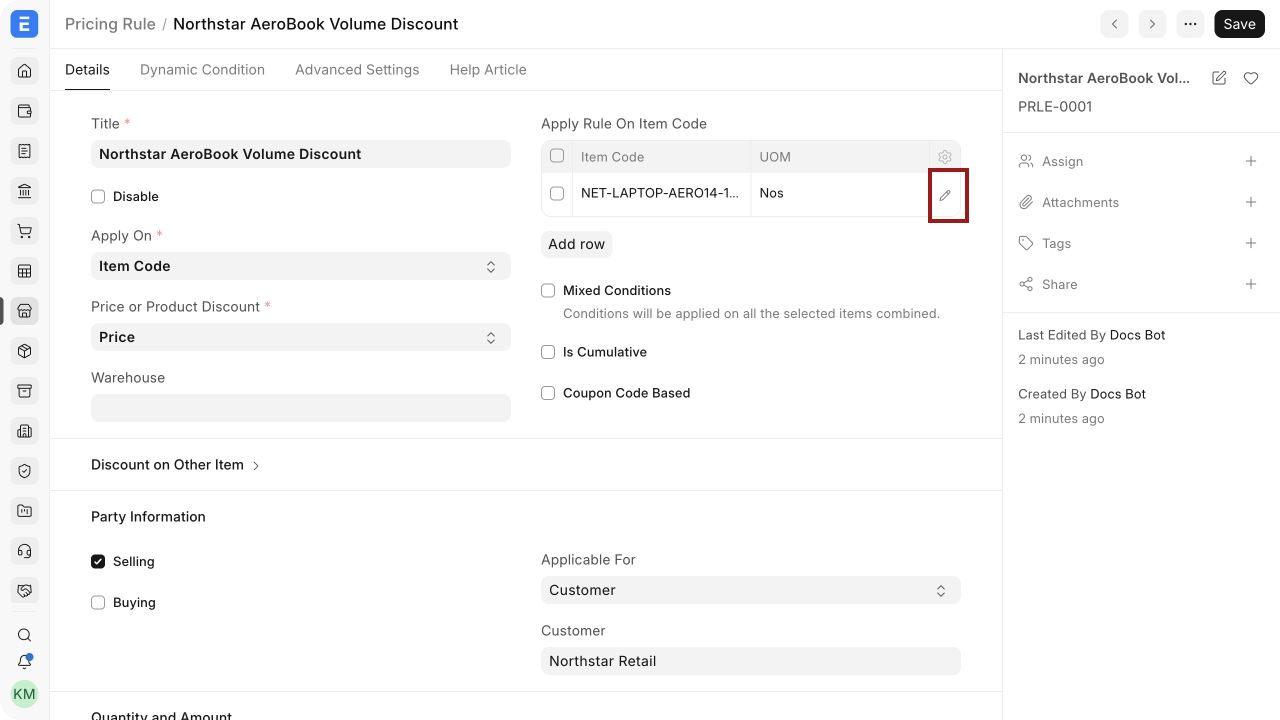 Pricing Rule for an item and customer in Bravo Hub ERP