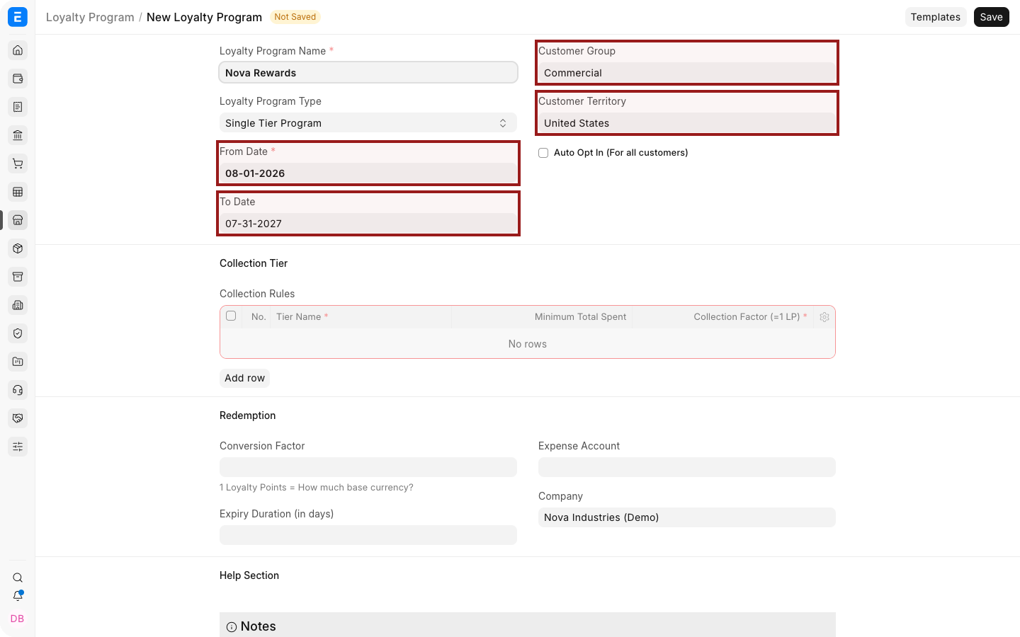 An Bravo Hub ERP Loyalty Program with dates, eligibility, and enrollment settings.