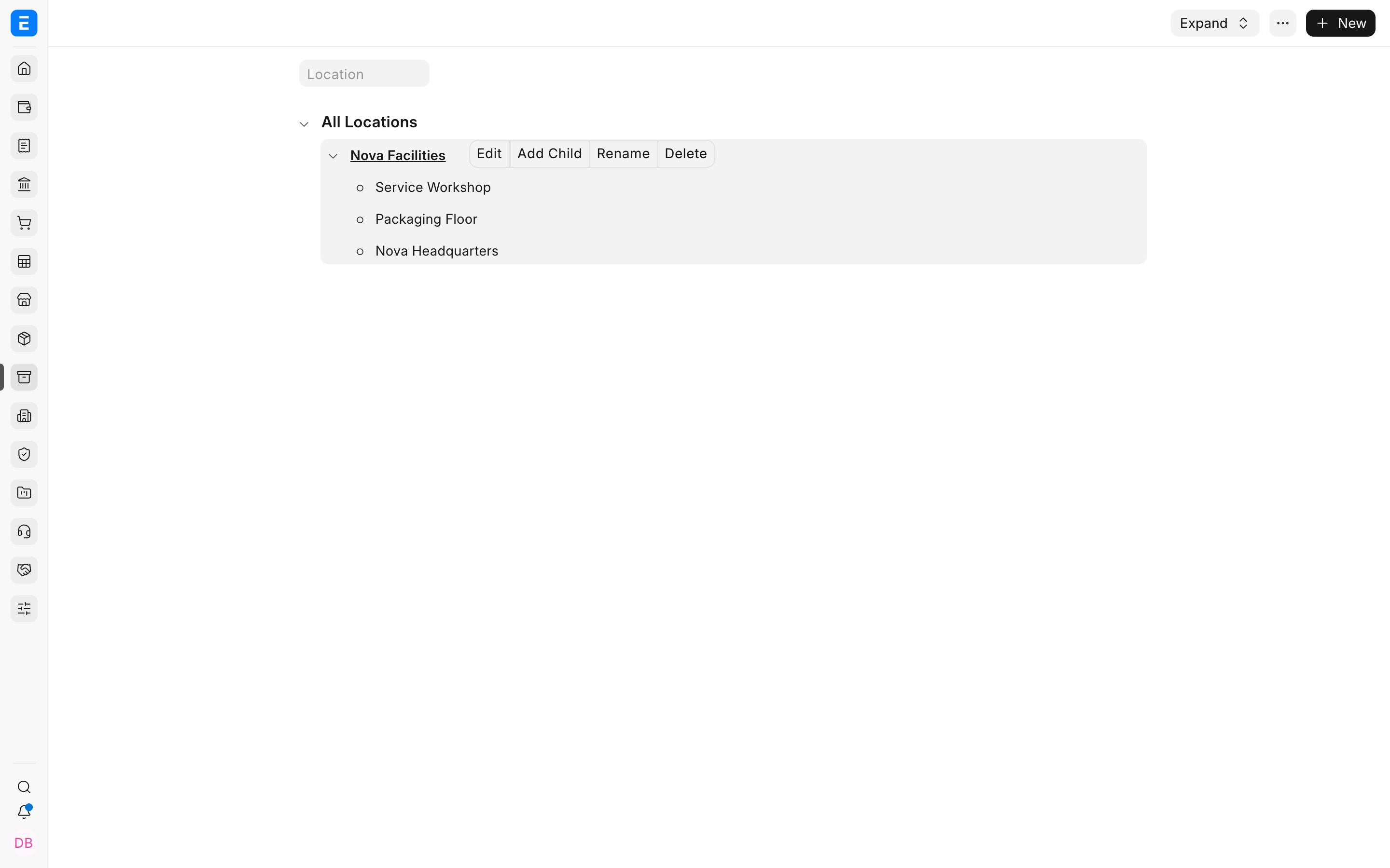 Bravo Hub ERP Asset Location tree for Nova Industries facilities