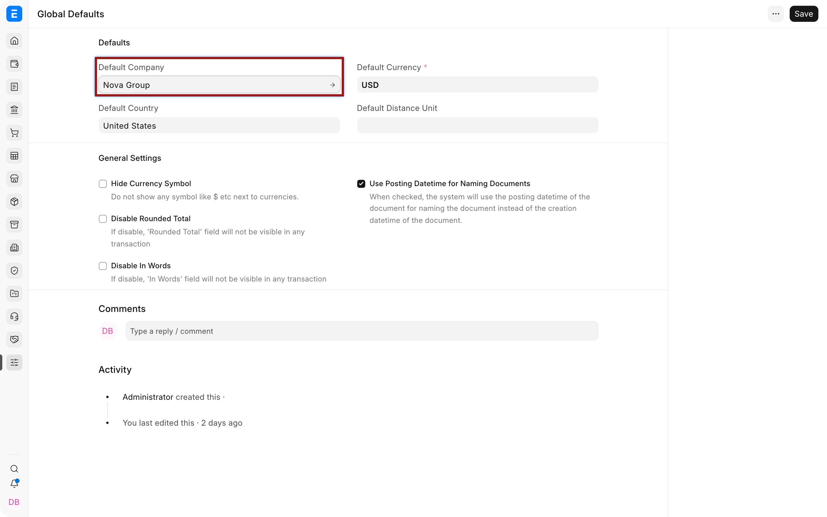 Default Company in Bravo Hub ERP Global Defaults