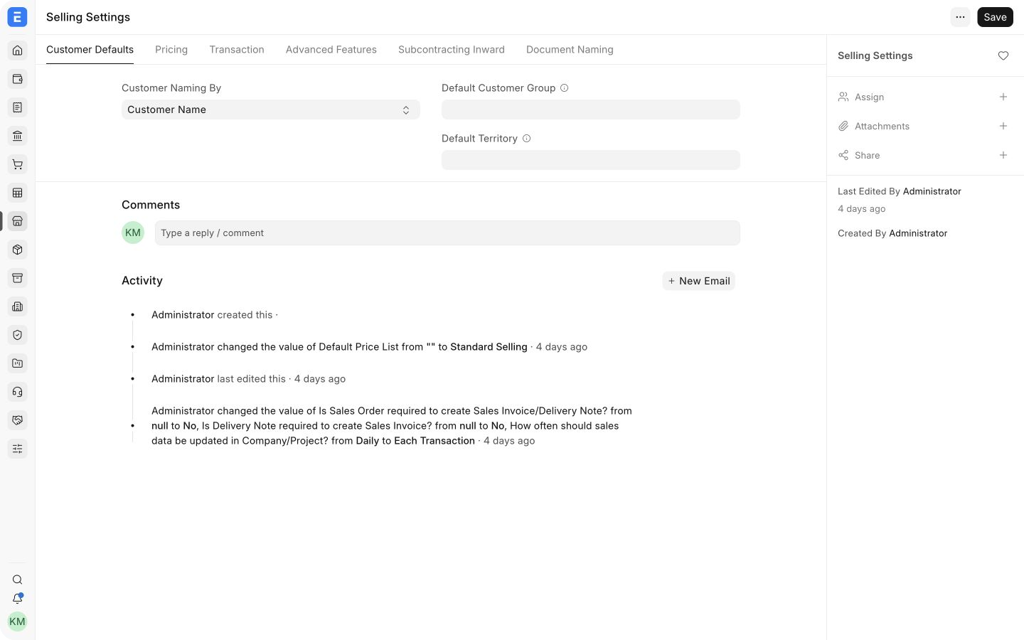 Customer Defaults tab in Bravo Hub ERP Selling Settings