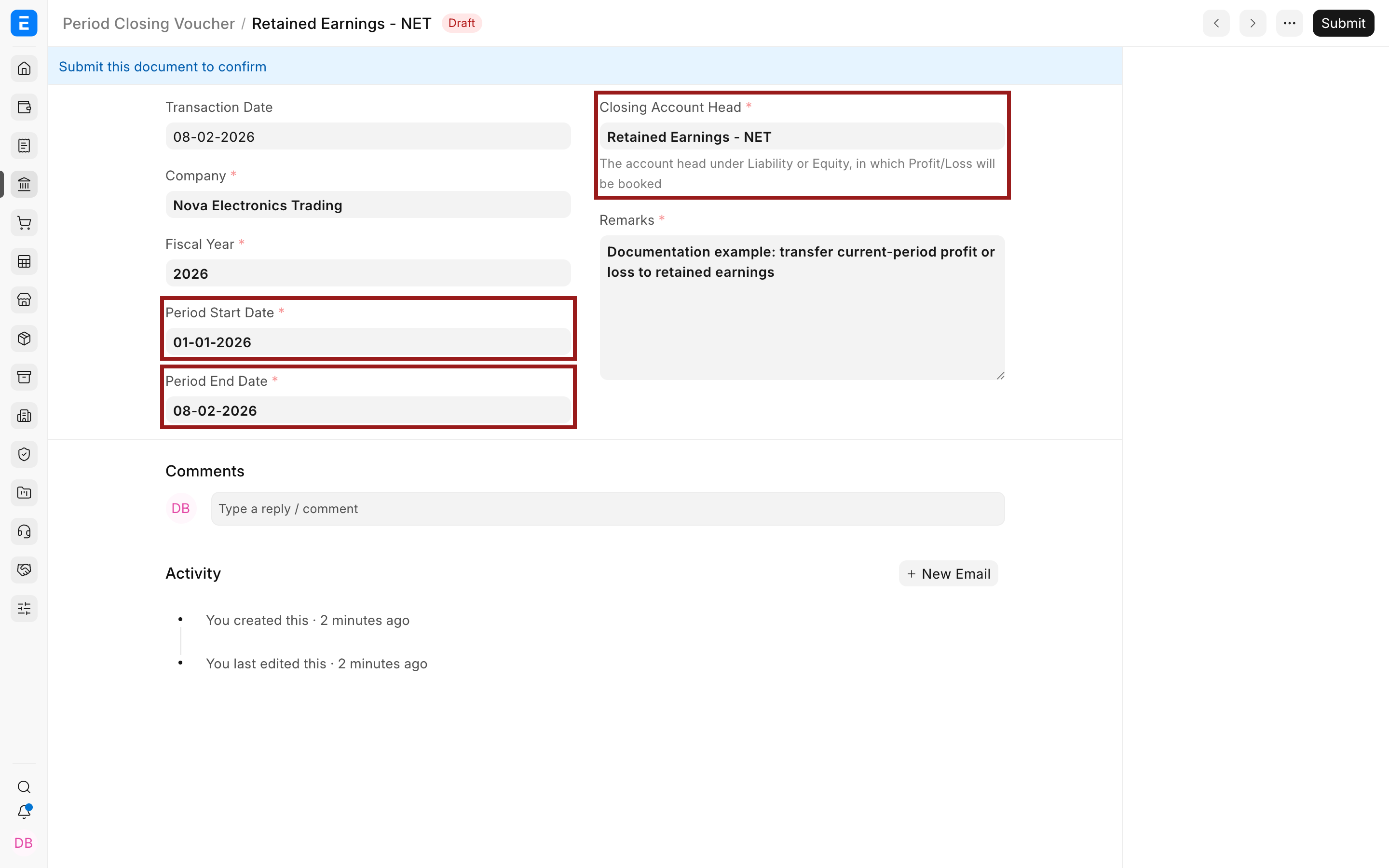 Period dates and Retained Earnings on an Bravo Hub ERP Period Closing Voucher