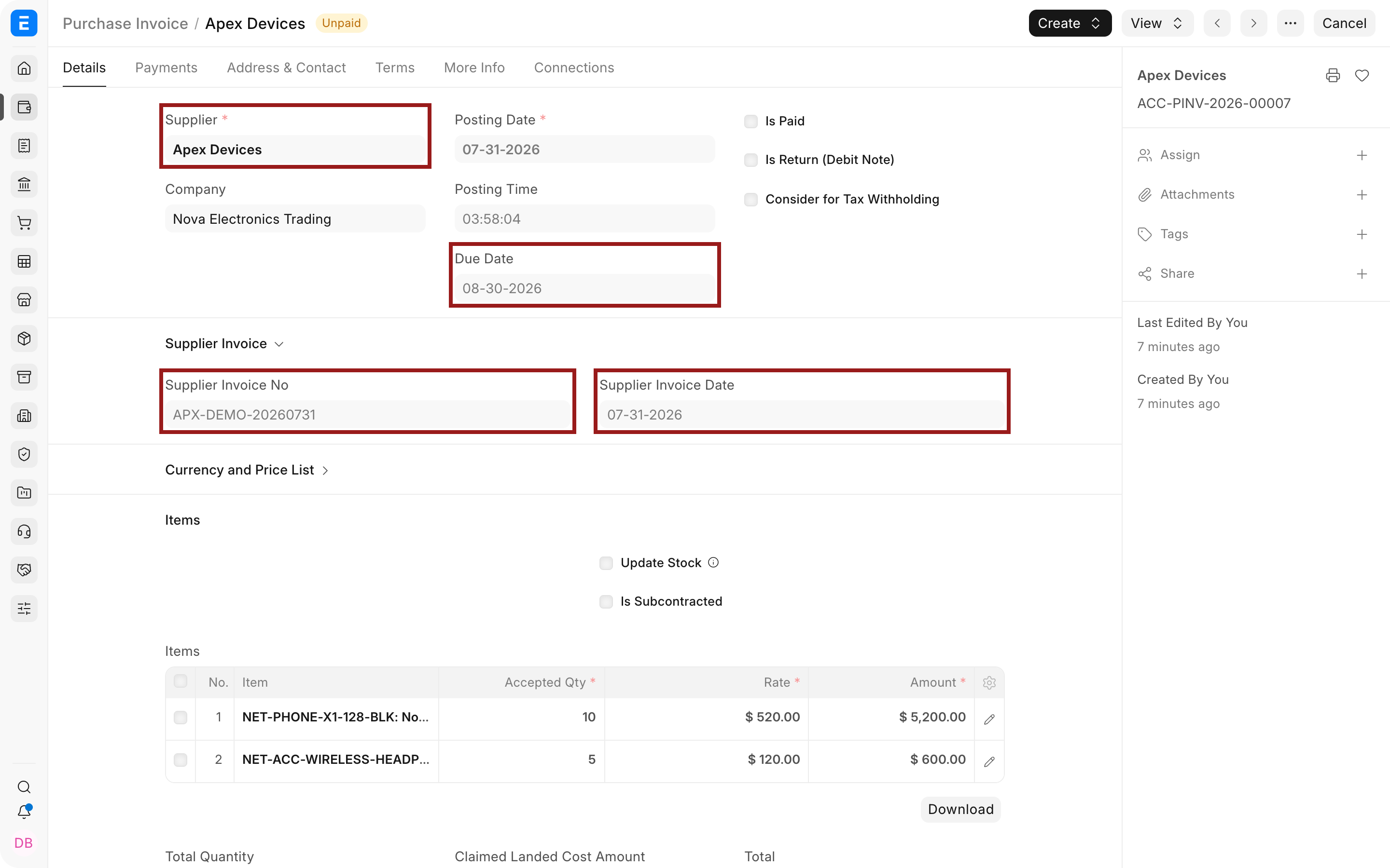 Supplier, bill reference, and due date on a Purchase Invoice