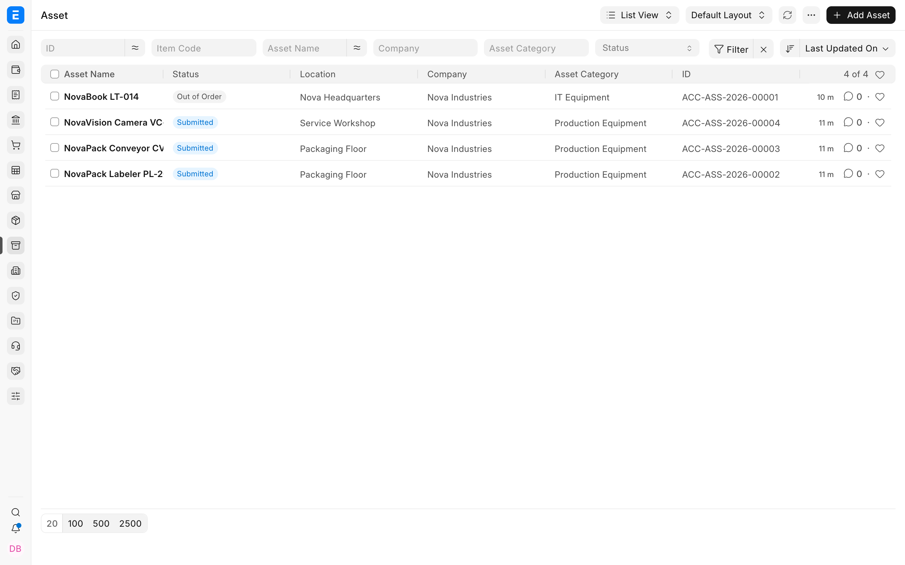 Bravo Hub ERP Asset list for Nova Industries showing laptops and production equipment