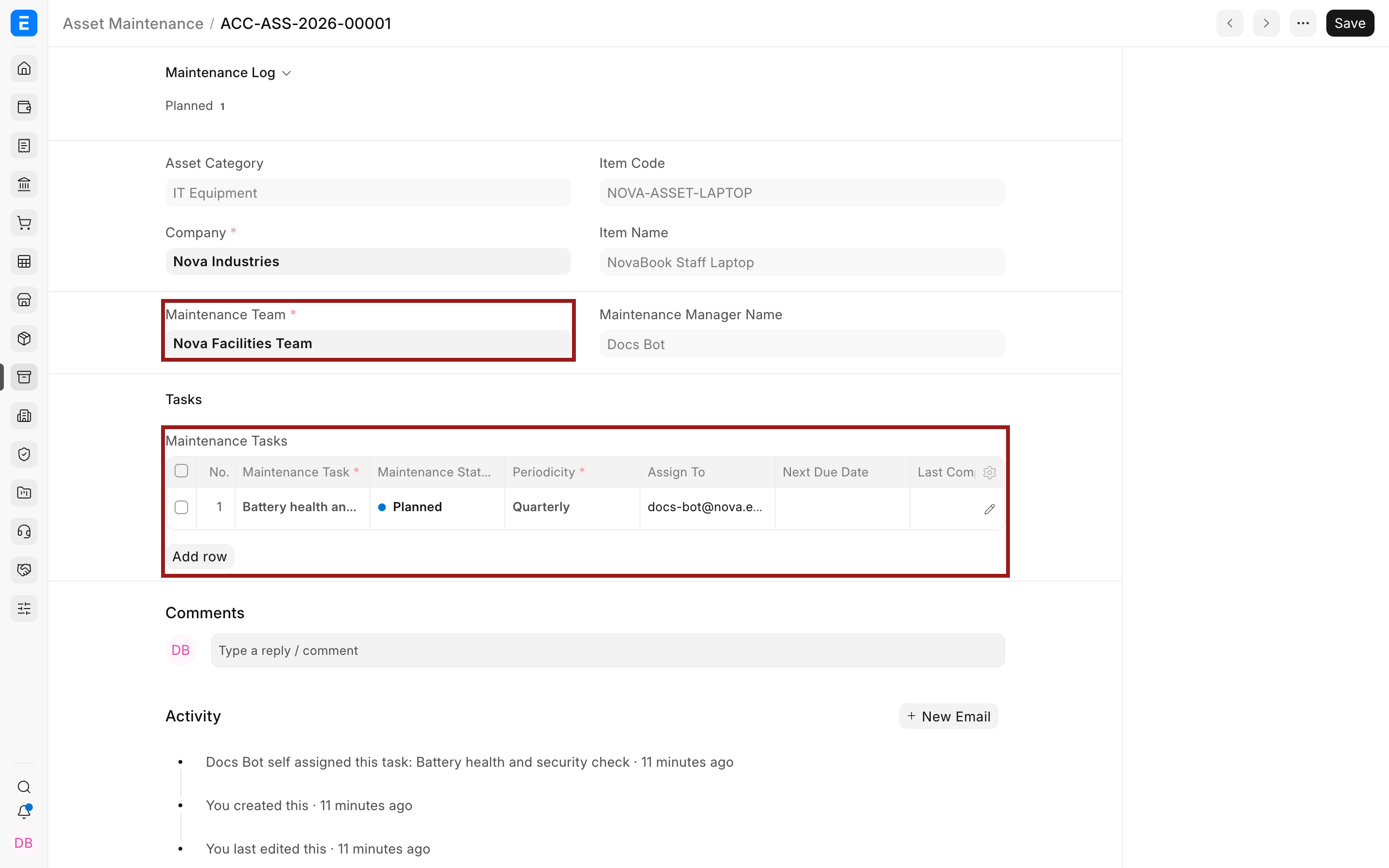 Maintenance plan linked to its recurring logs