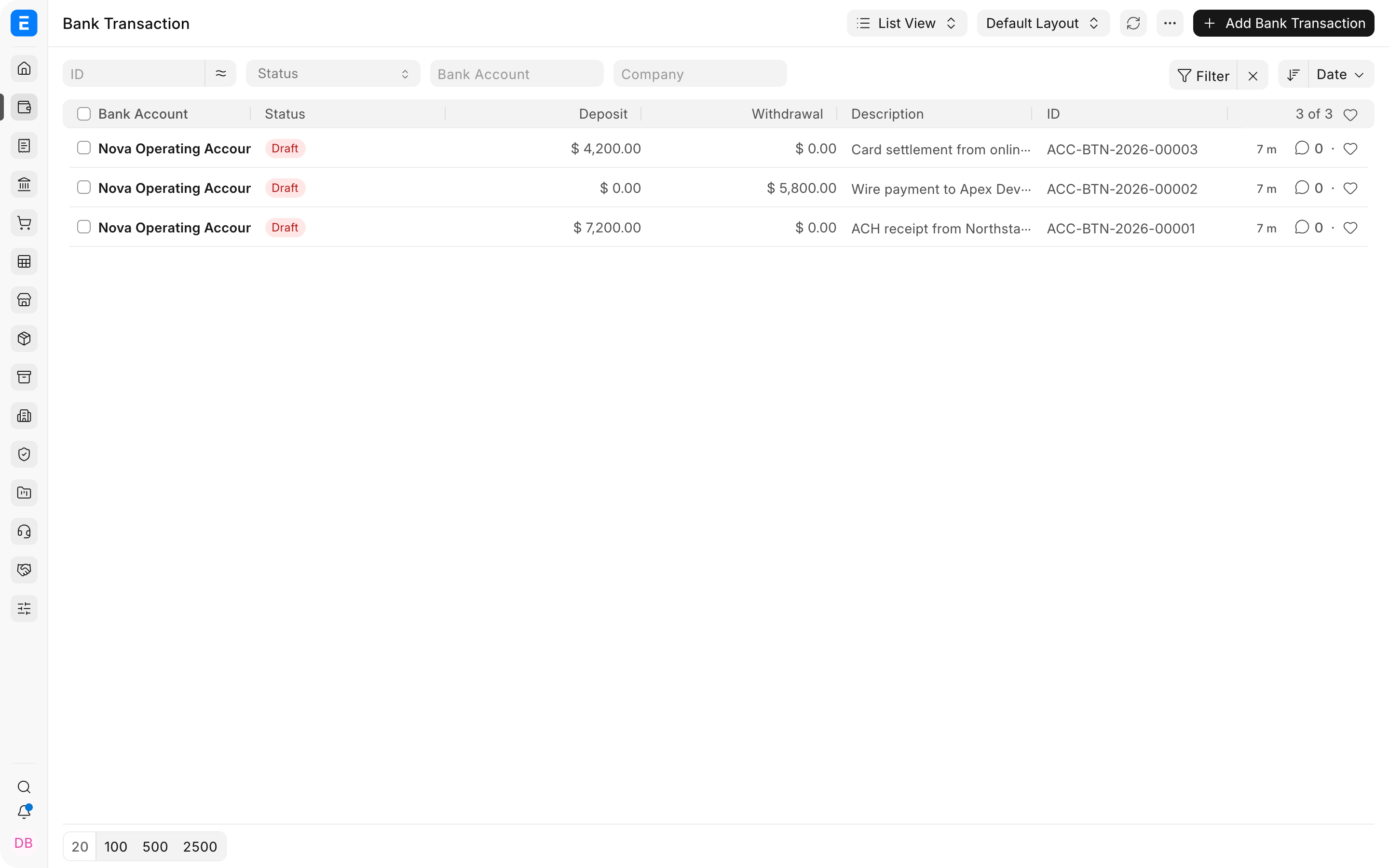 Bank Transaction list with deposits and withdrawals