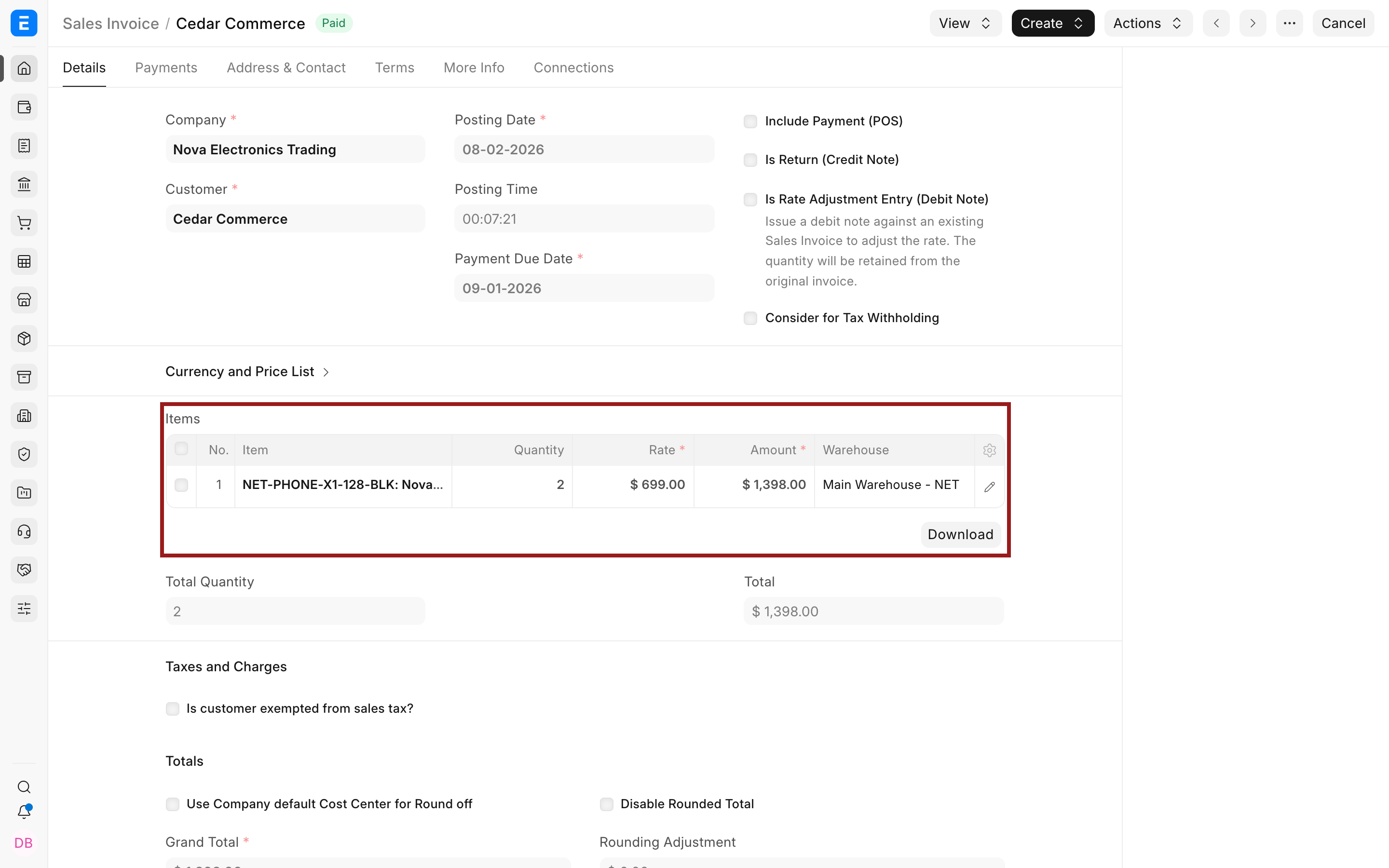 Inventory items on a submitted Bravo Hub ERP Sales Invoice