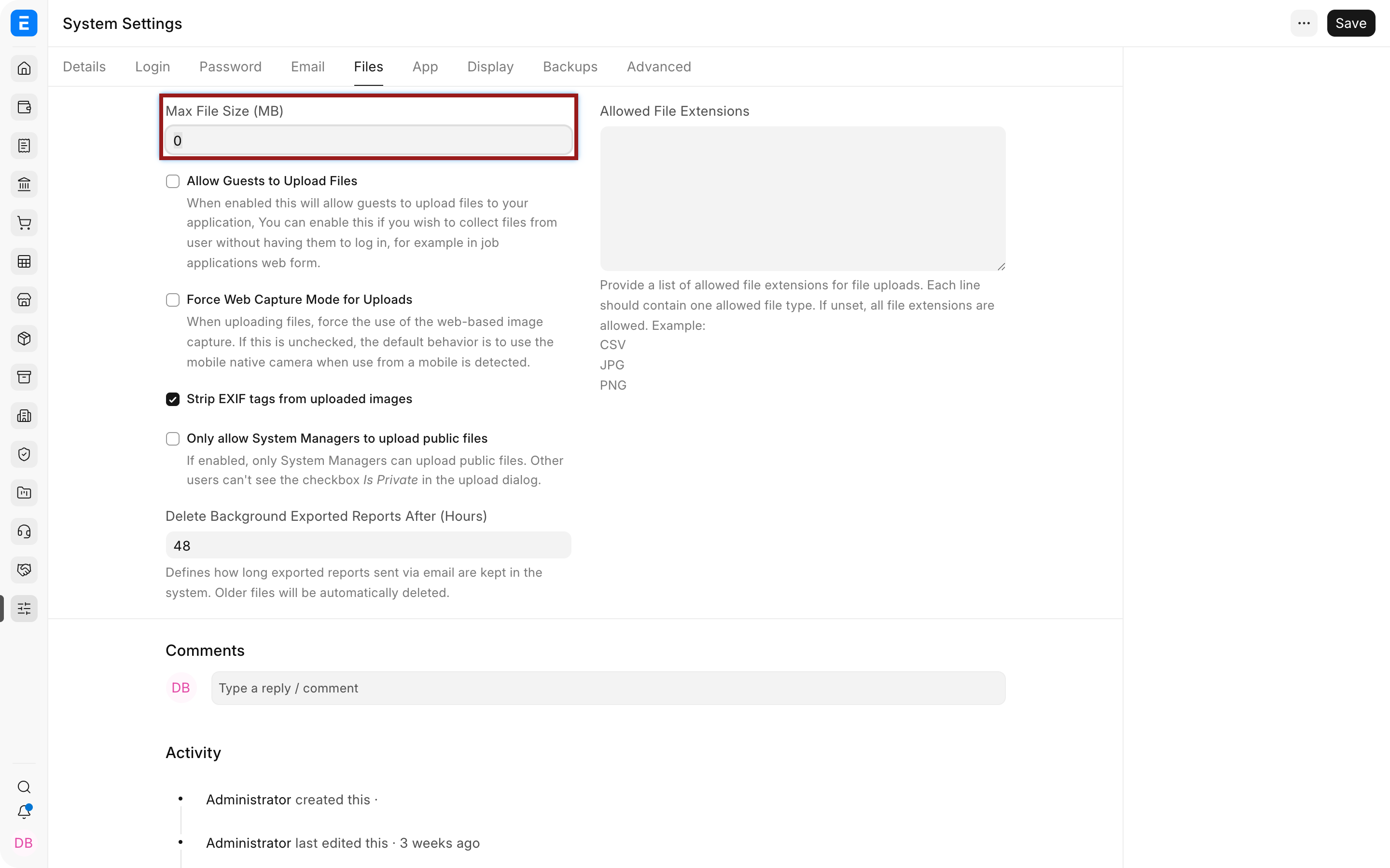 File upload controls in Bravo Hub ERP System Settings