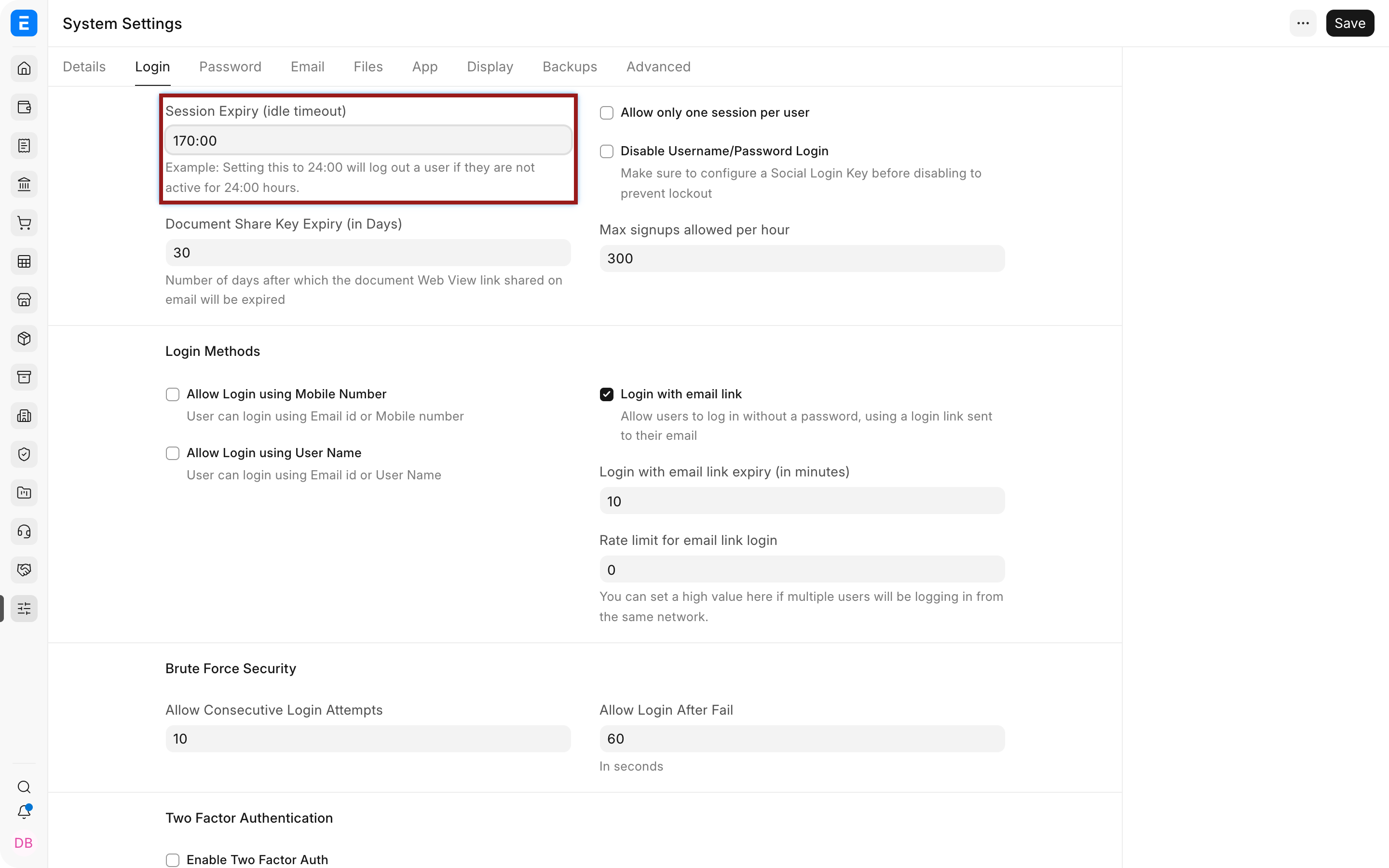 Session expiry and document-share controls in Bravo Hub ERP System Settings