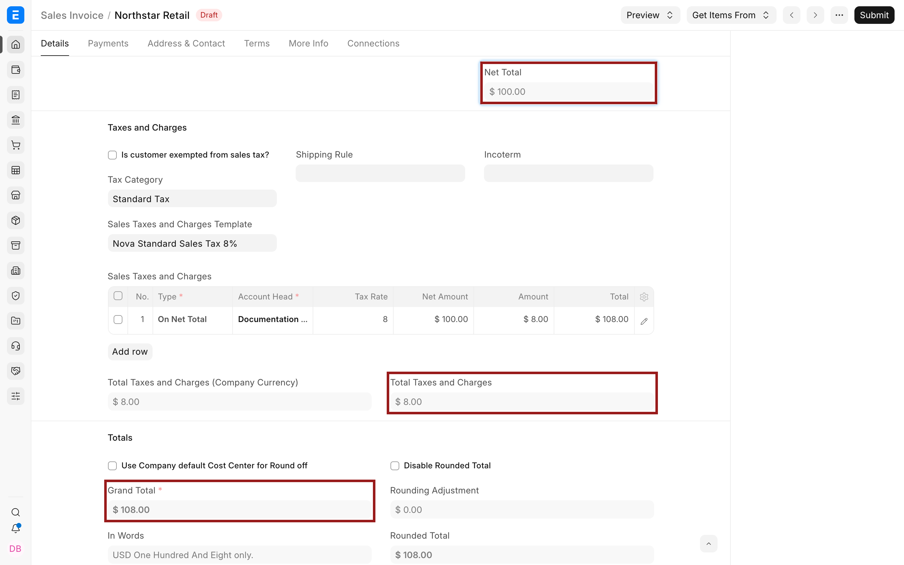 Bravo Hub ERP separates an inclusive $108 rate into $100 net and $8 tax