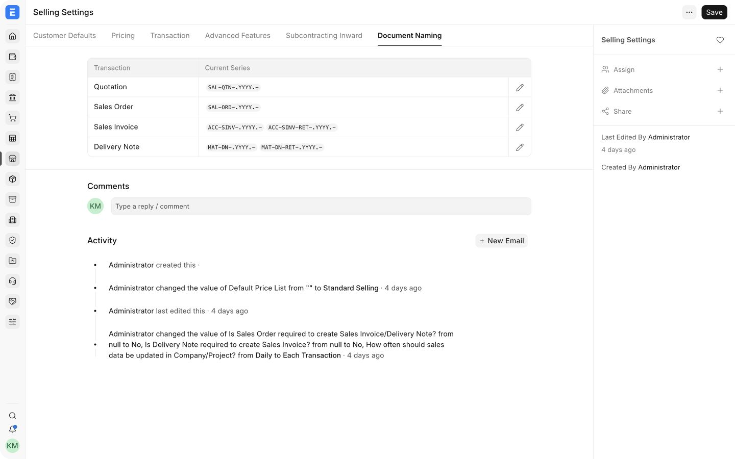Document Naming tab in Bravo Hub ERP Selling Settings
