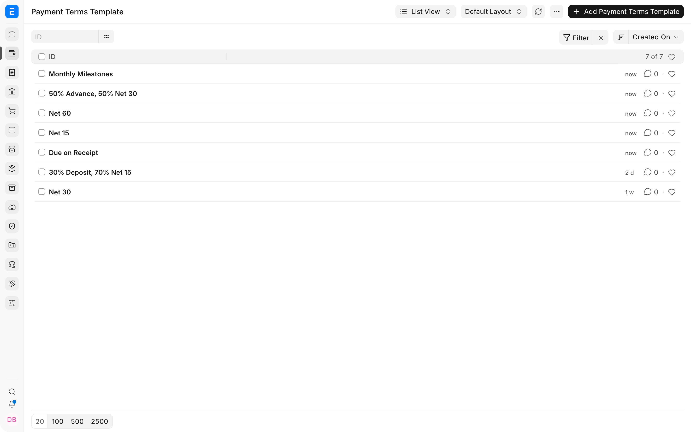 Payment Terms Template catalogue in Bravo Hub ERP