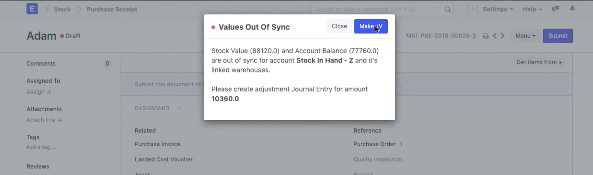 Value out of sync validation message in Bravo Hub ERP