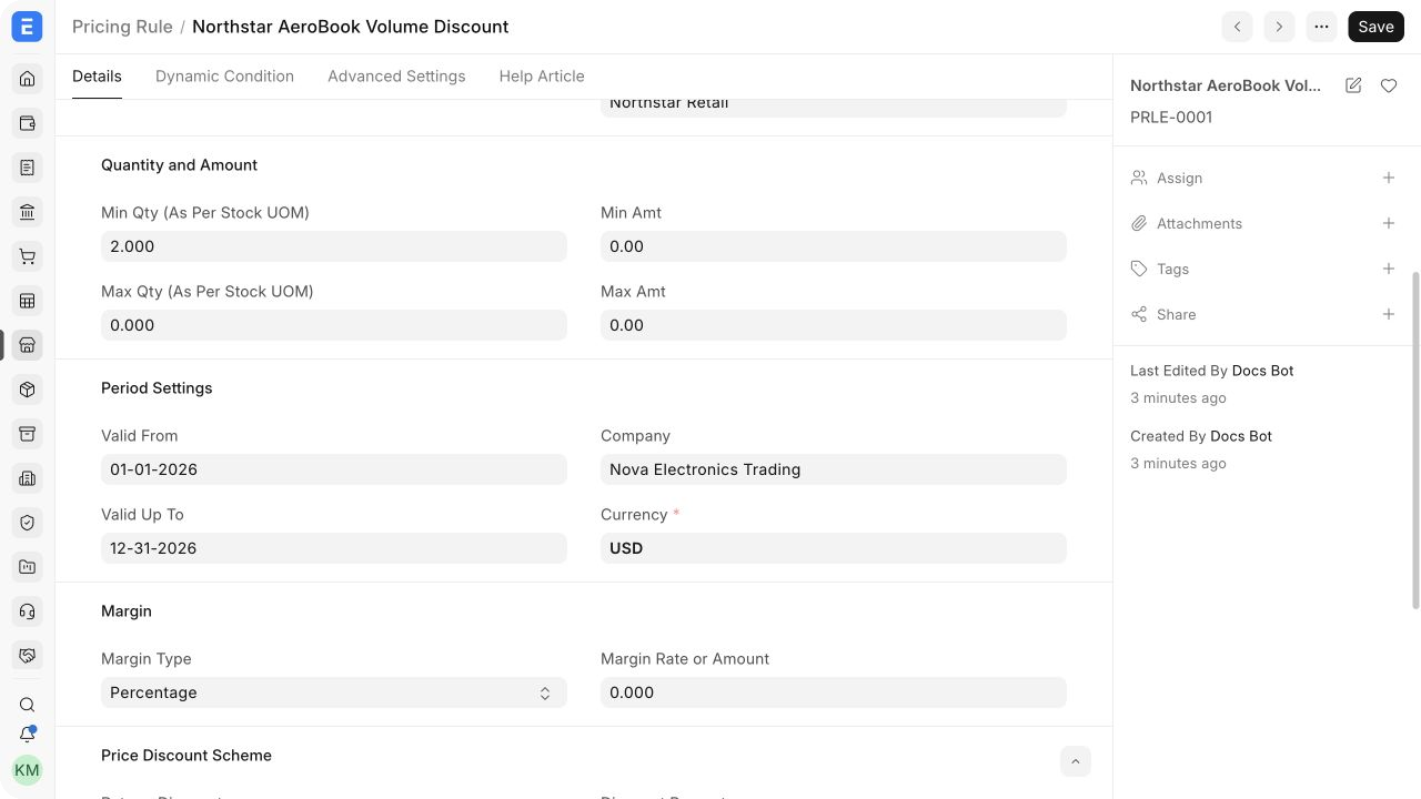 Pricing Rule quantity and period settings in Bravo Hub ERP