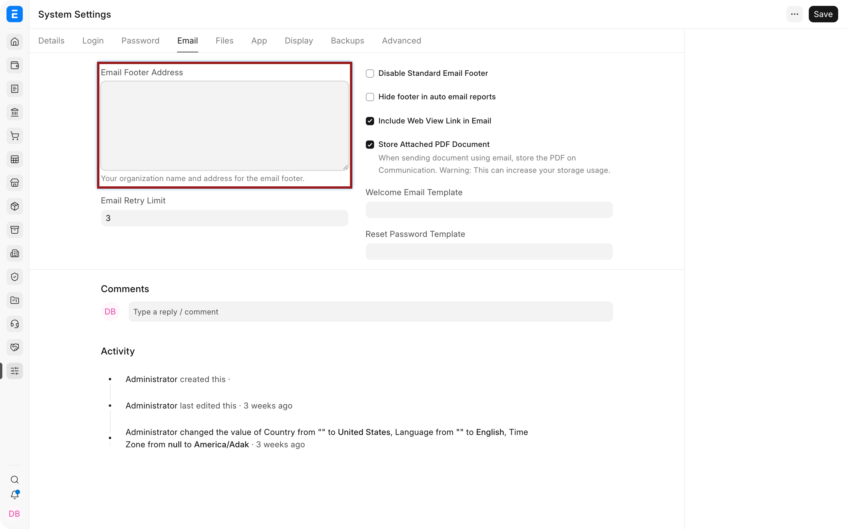 Email footer and delivery controls in Bravo Hub ERP System Settings