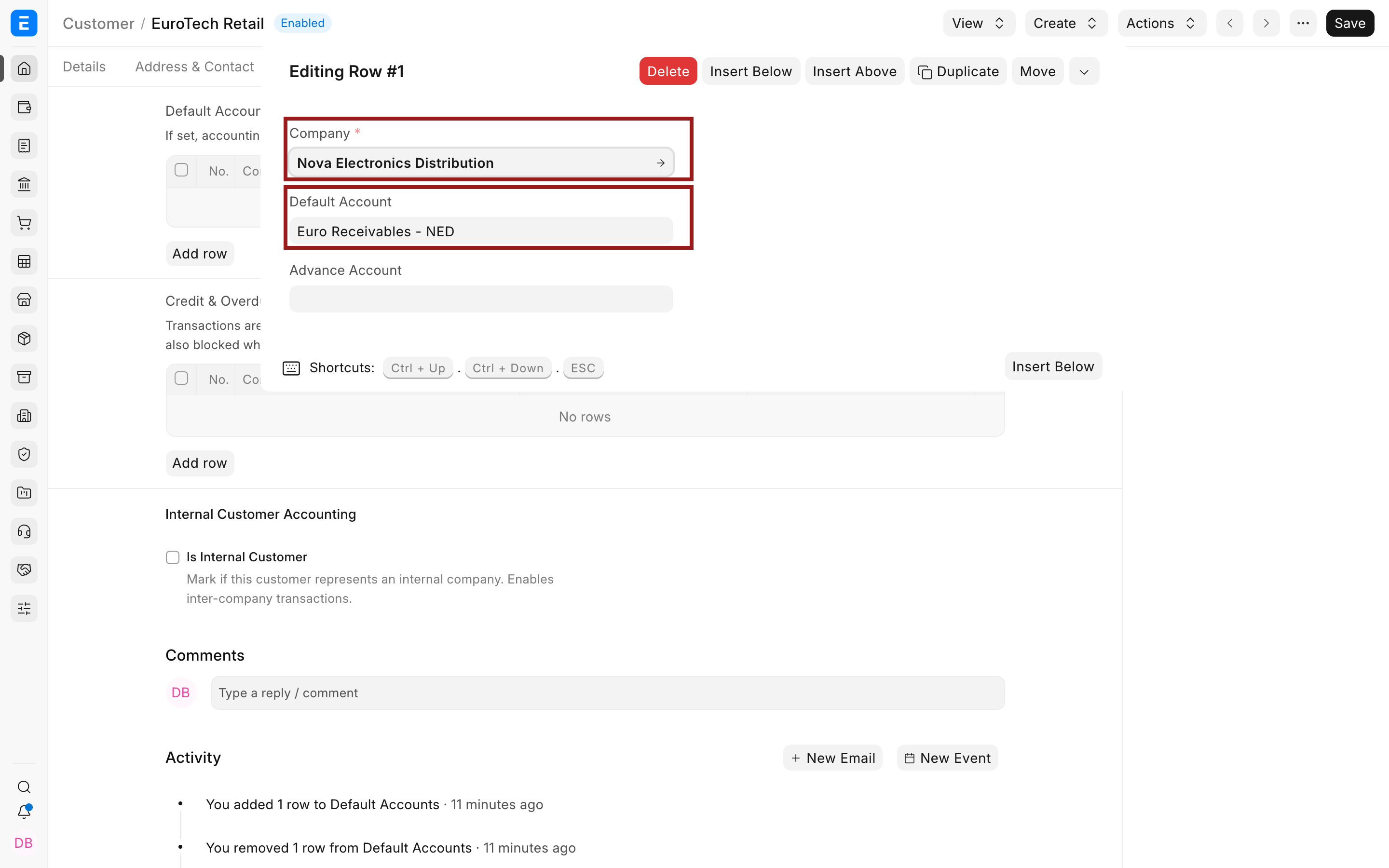 Customer default EUR account