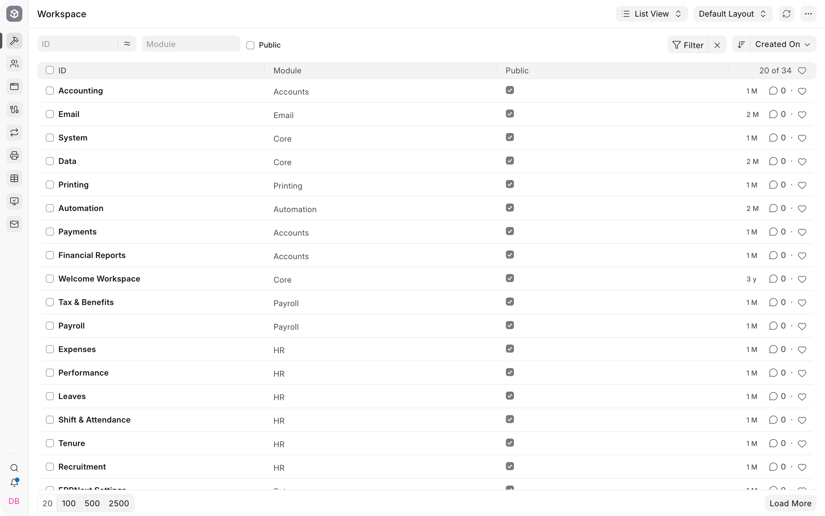 Current Bravo Hub ERP Workspace list used when reviewing navigation visibility