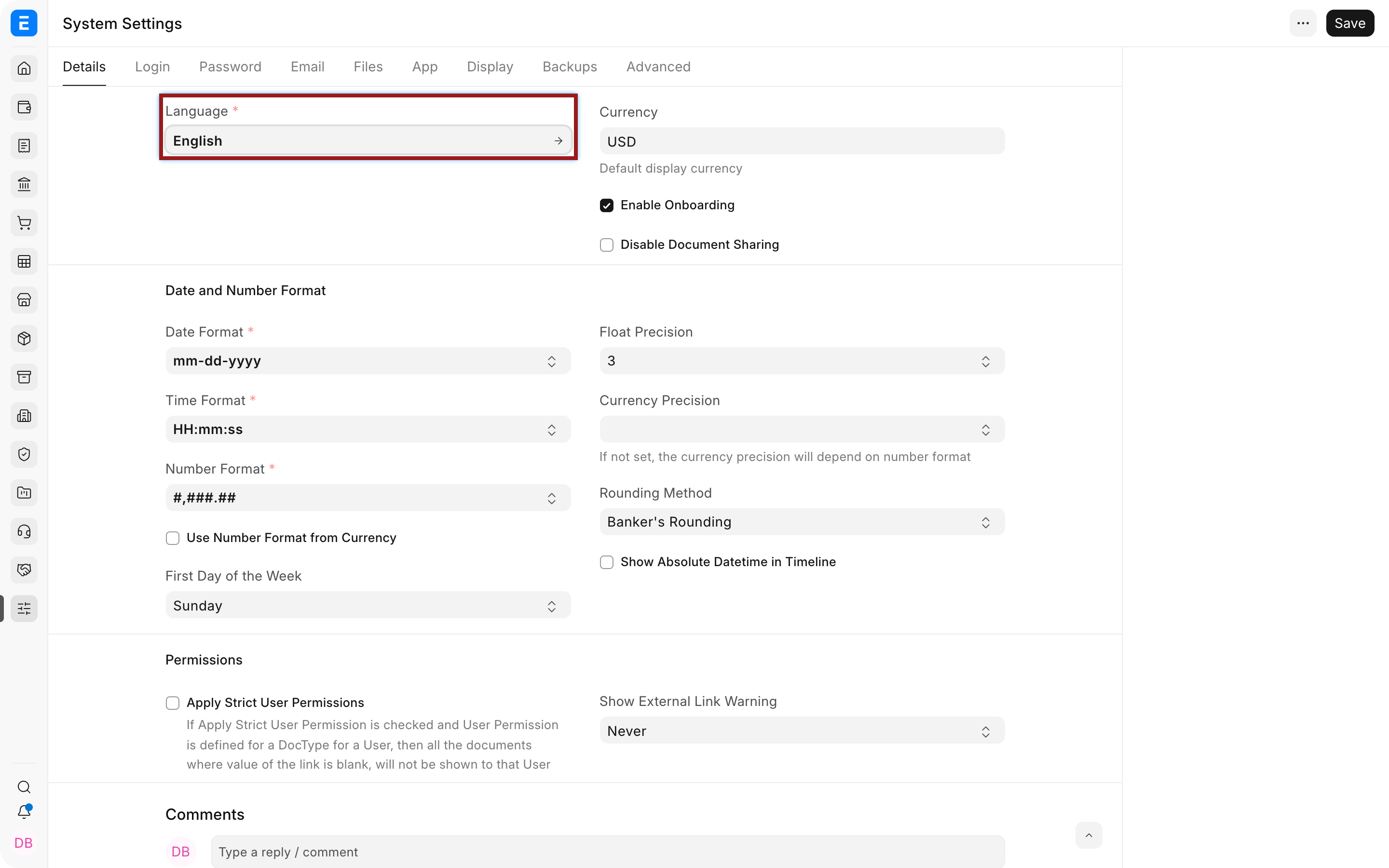 General localisation and language fields in Bravo Hub ERP System Settings