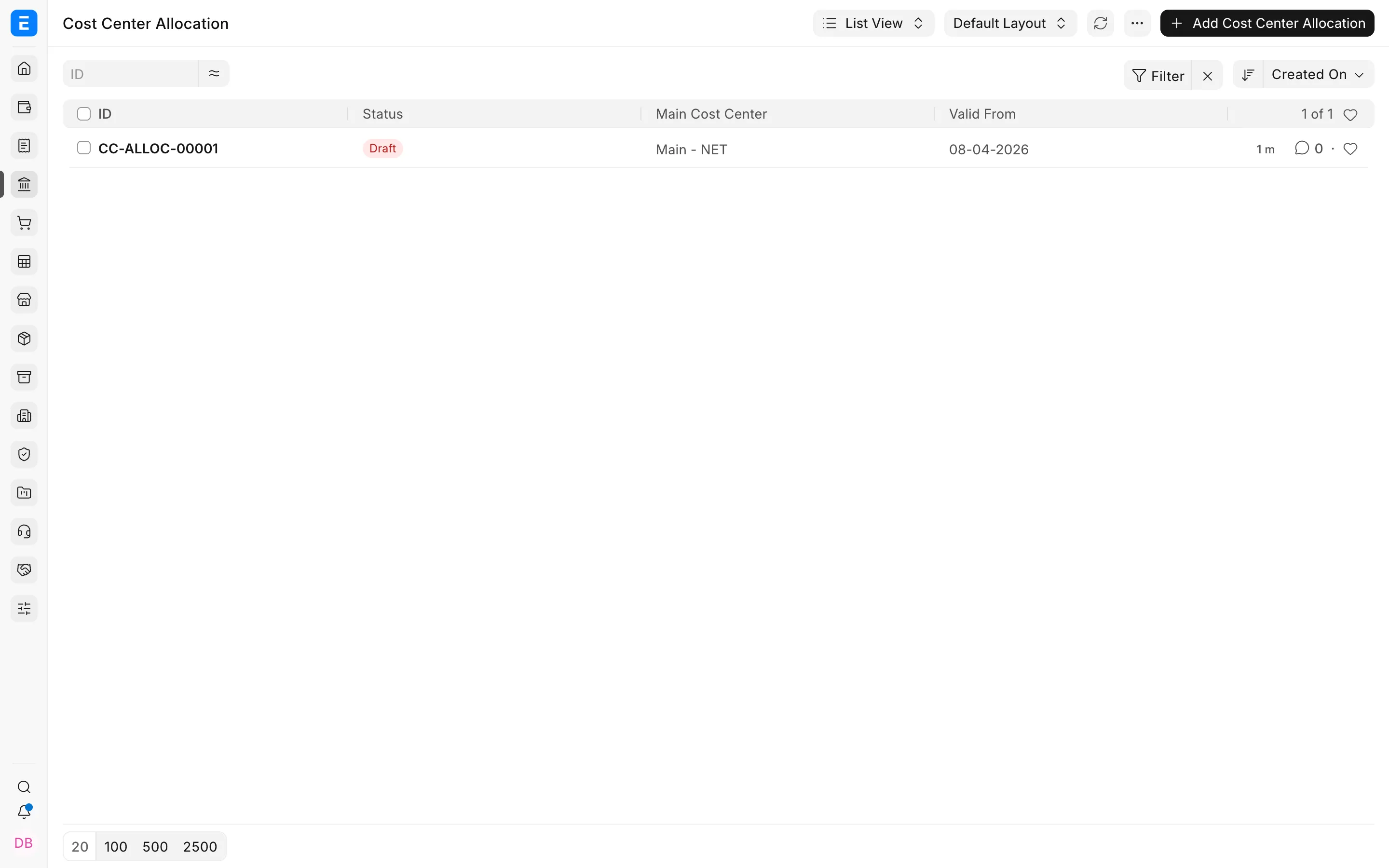 Cost Center Allocation list in Bravo Hub ERP