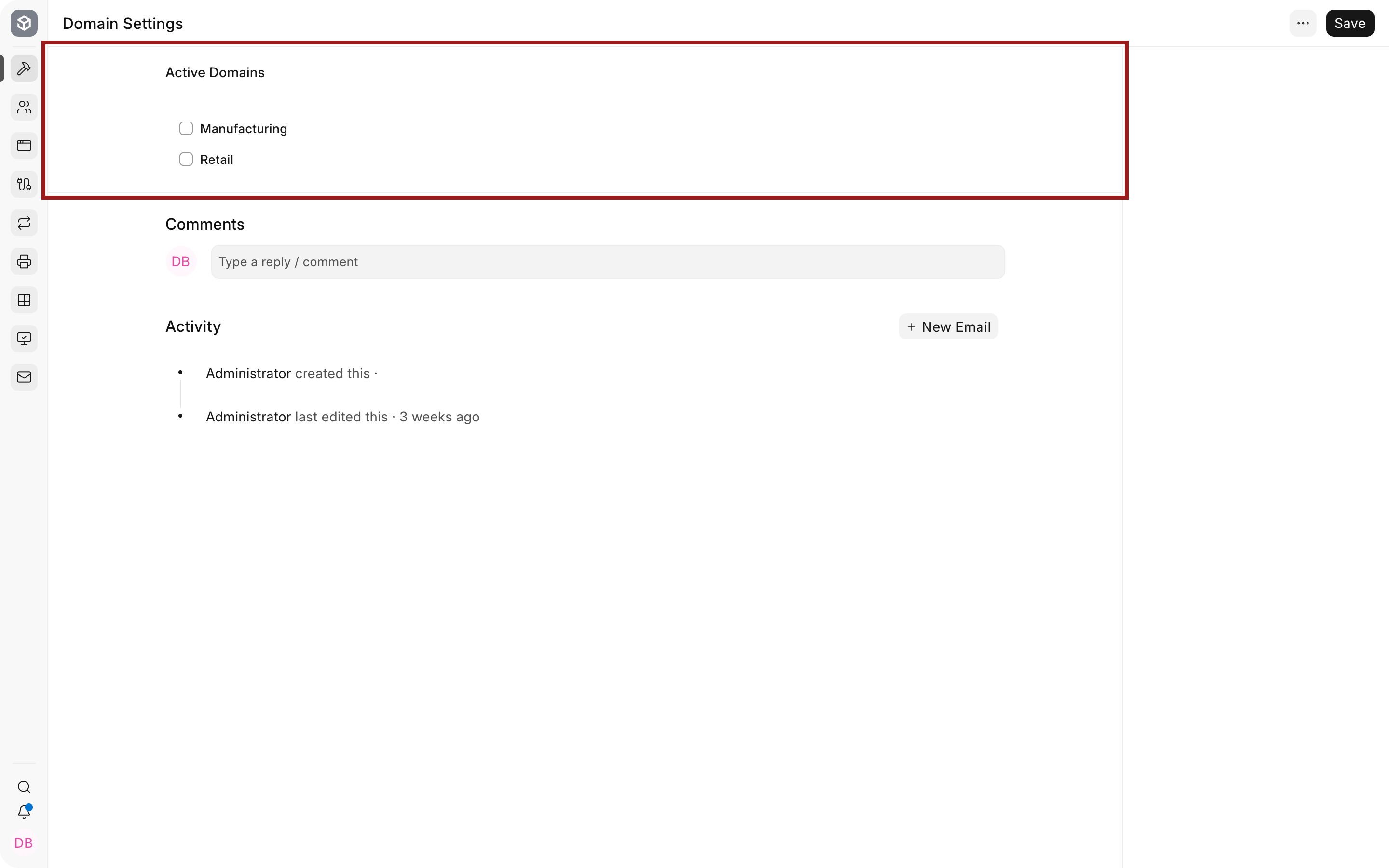 Active Domains area in Bravo Hub ERP Domain Settings