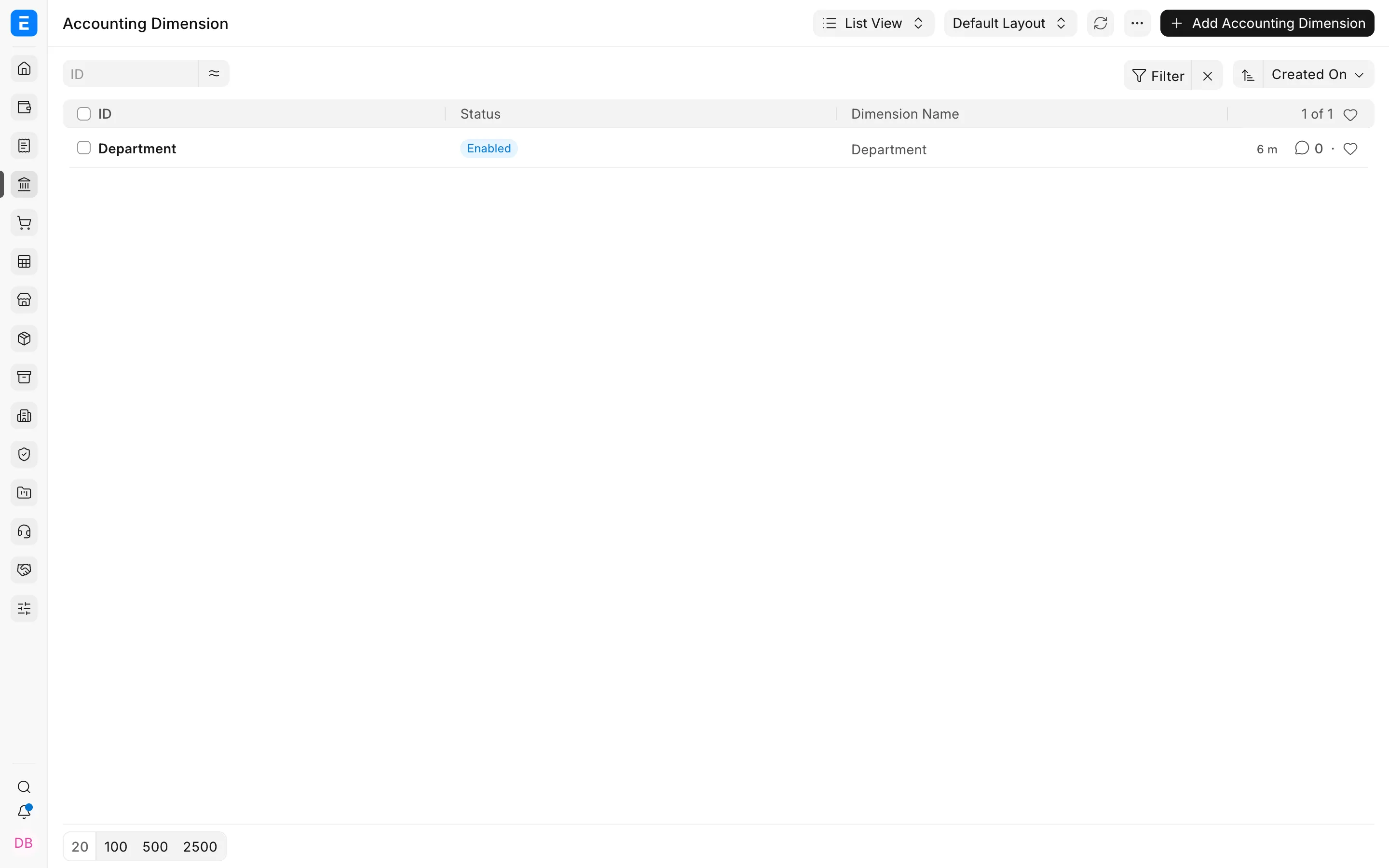 Accounting Dimension list showing the Department dimension in Bravo Hub ERP