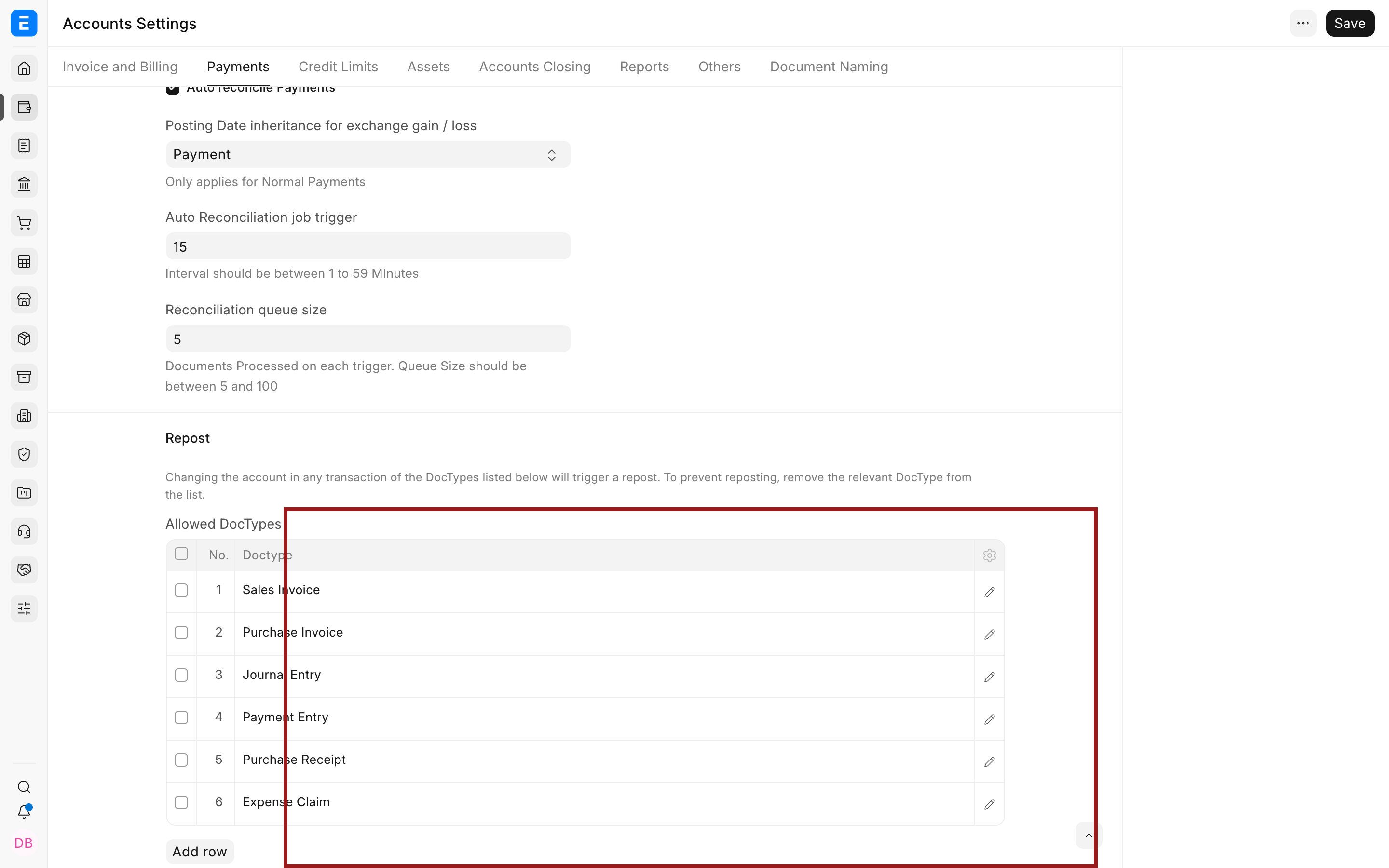 Allowed DocTypes in the Repost section of Bravo Hub ERP Accounts Settings