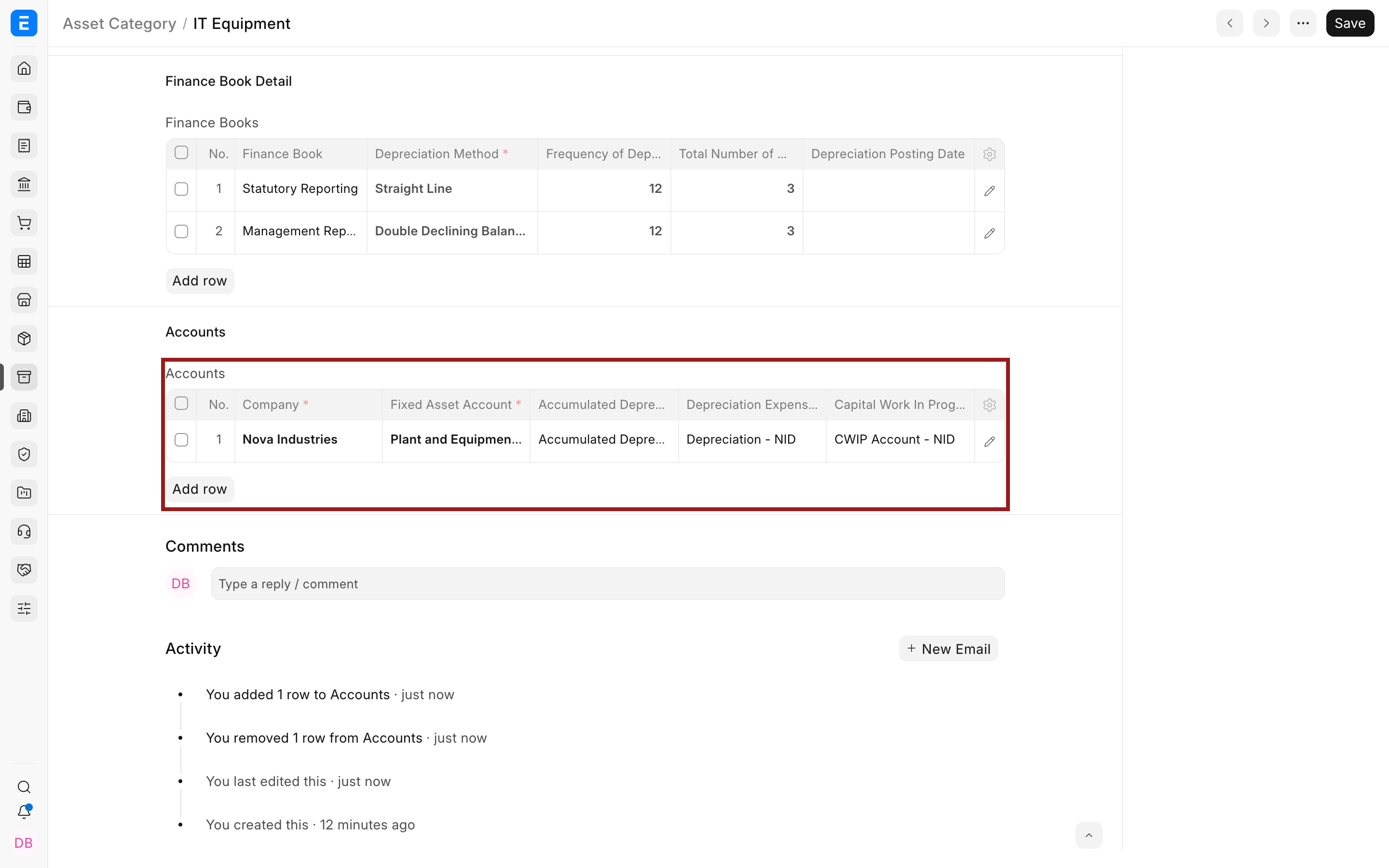 Company accounting defaults for an Bravo Hub ERP Asset Category