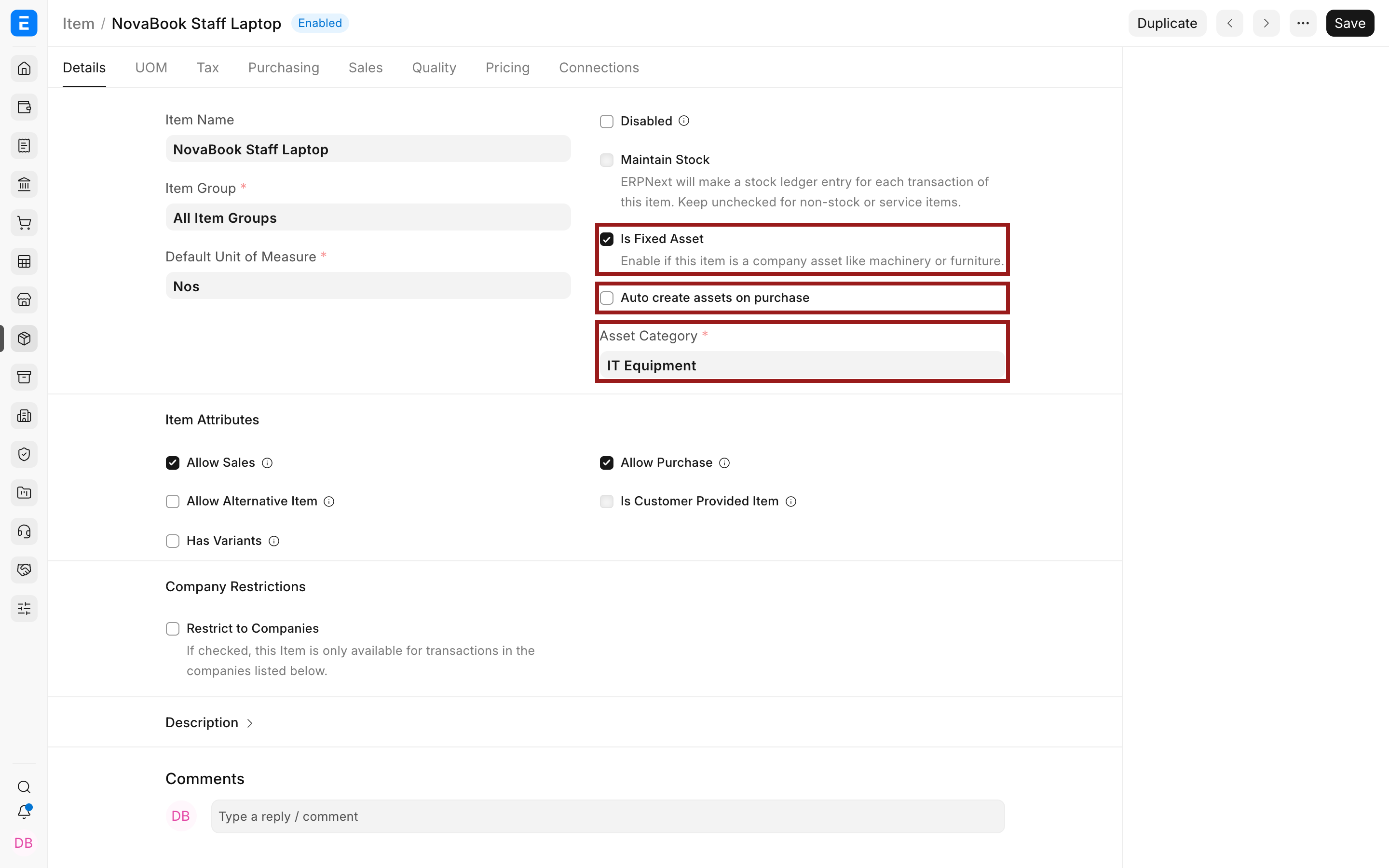 Bravo Hub ERP Item marked as a fixed asset with an Asset Category