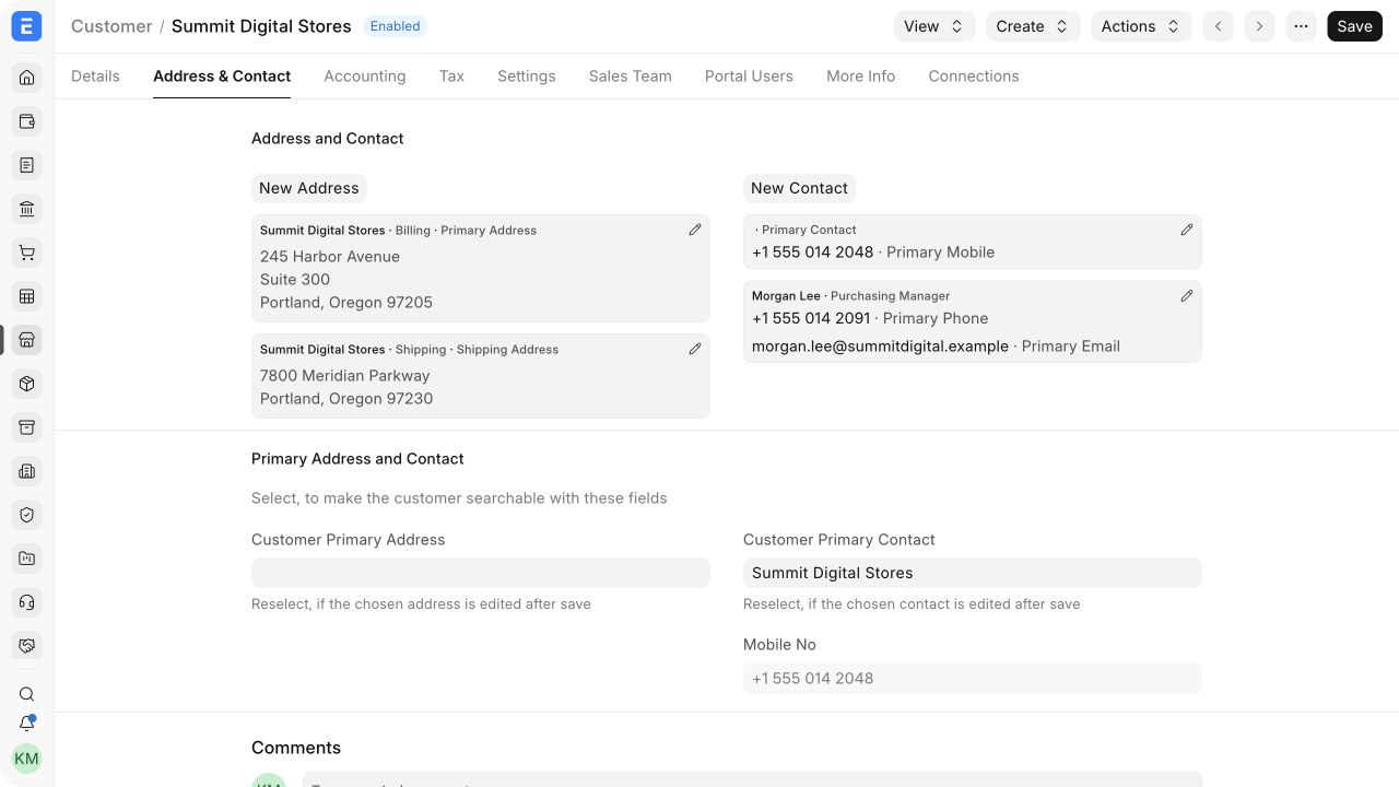Billing and shipping addresses with the primary purchasing contact.