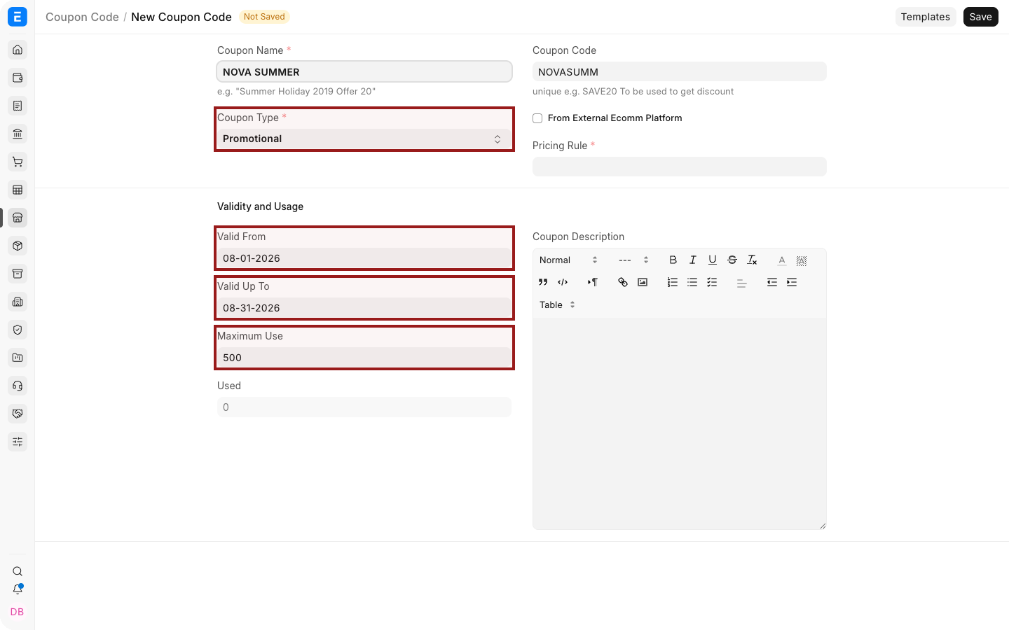 An Bravo Hub ERP Coupon Code with type, Pricing Rule, dates, and usage limit.