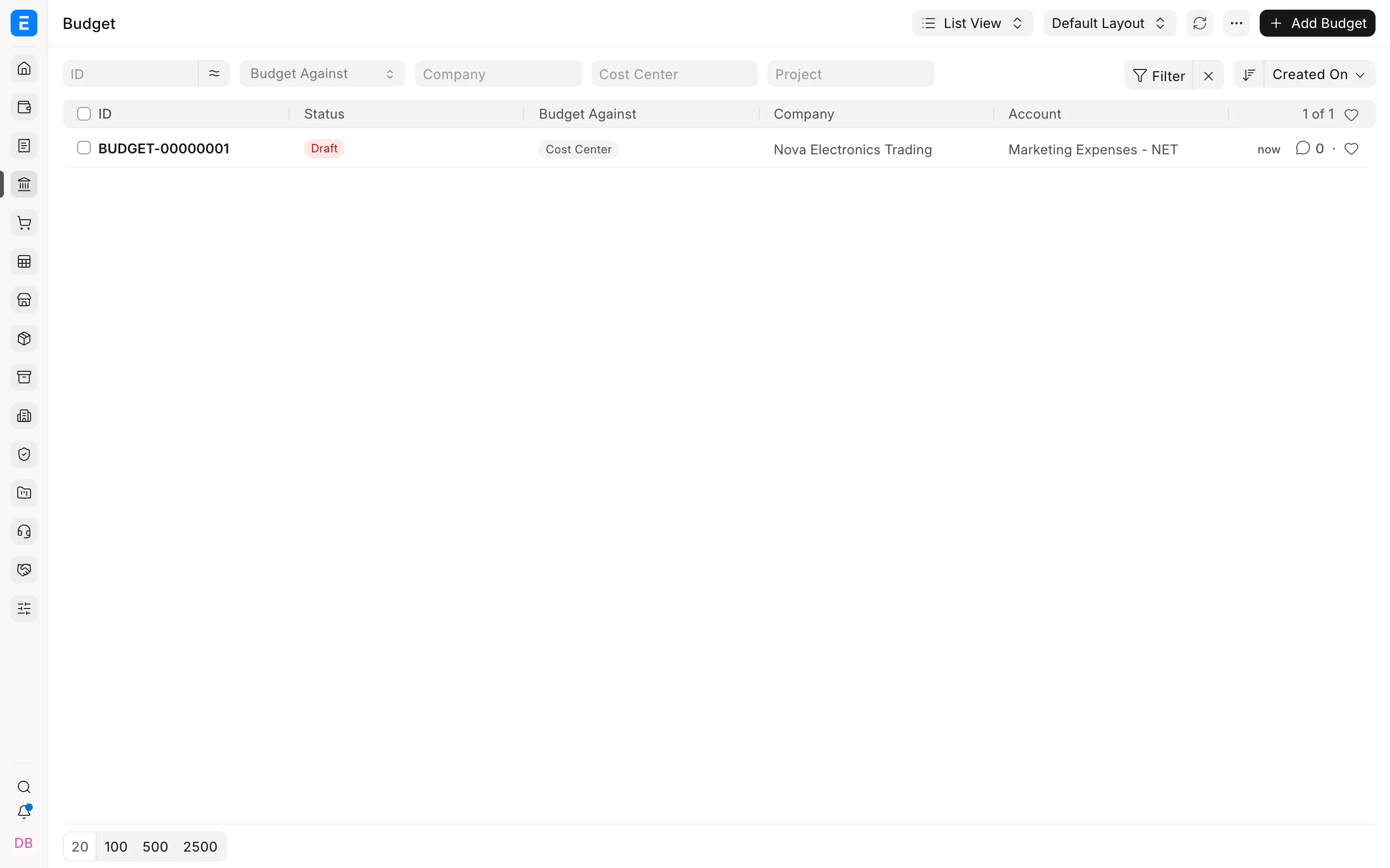 Budget list in Bravo Hub ERP