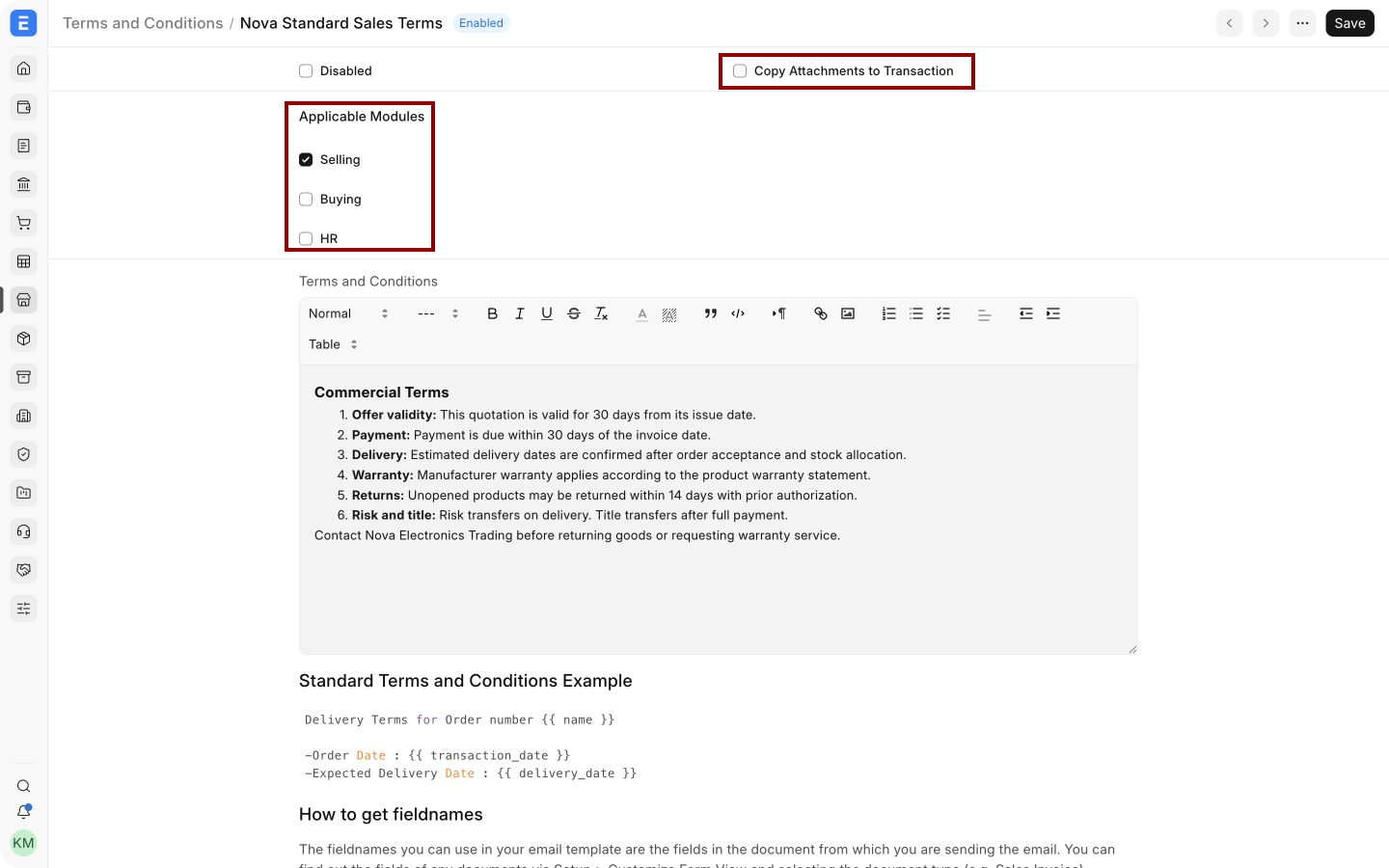 Bravo Hub ERP Terms and Conditions template with module and attachment controls highlighted