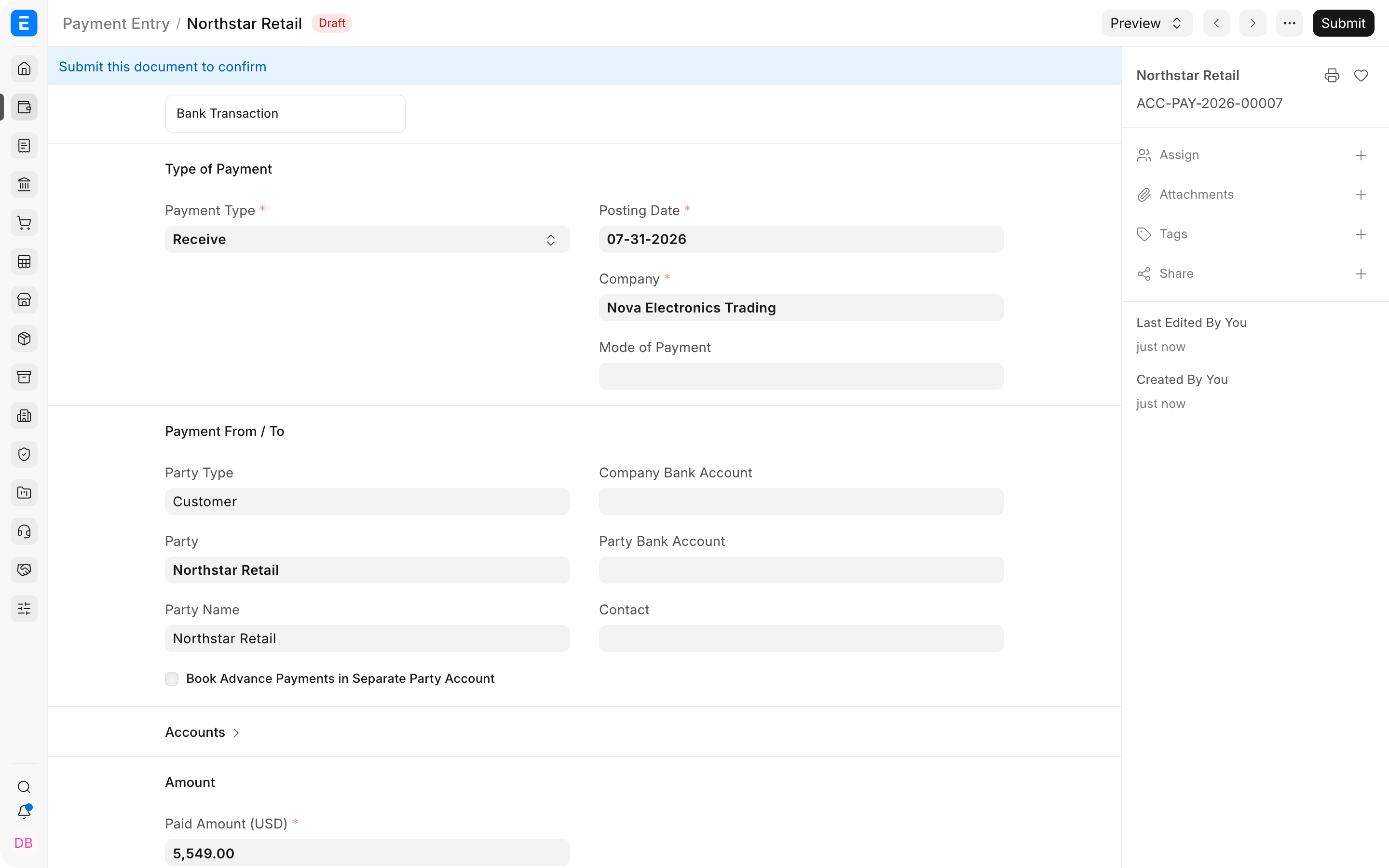 Receive Payment Entry for a bulk customer payment in Bravo Hub ERP
