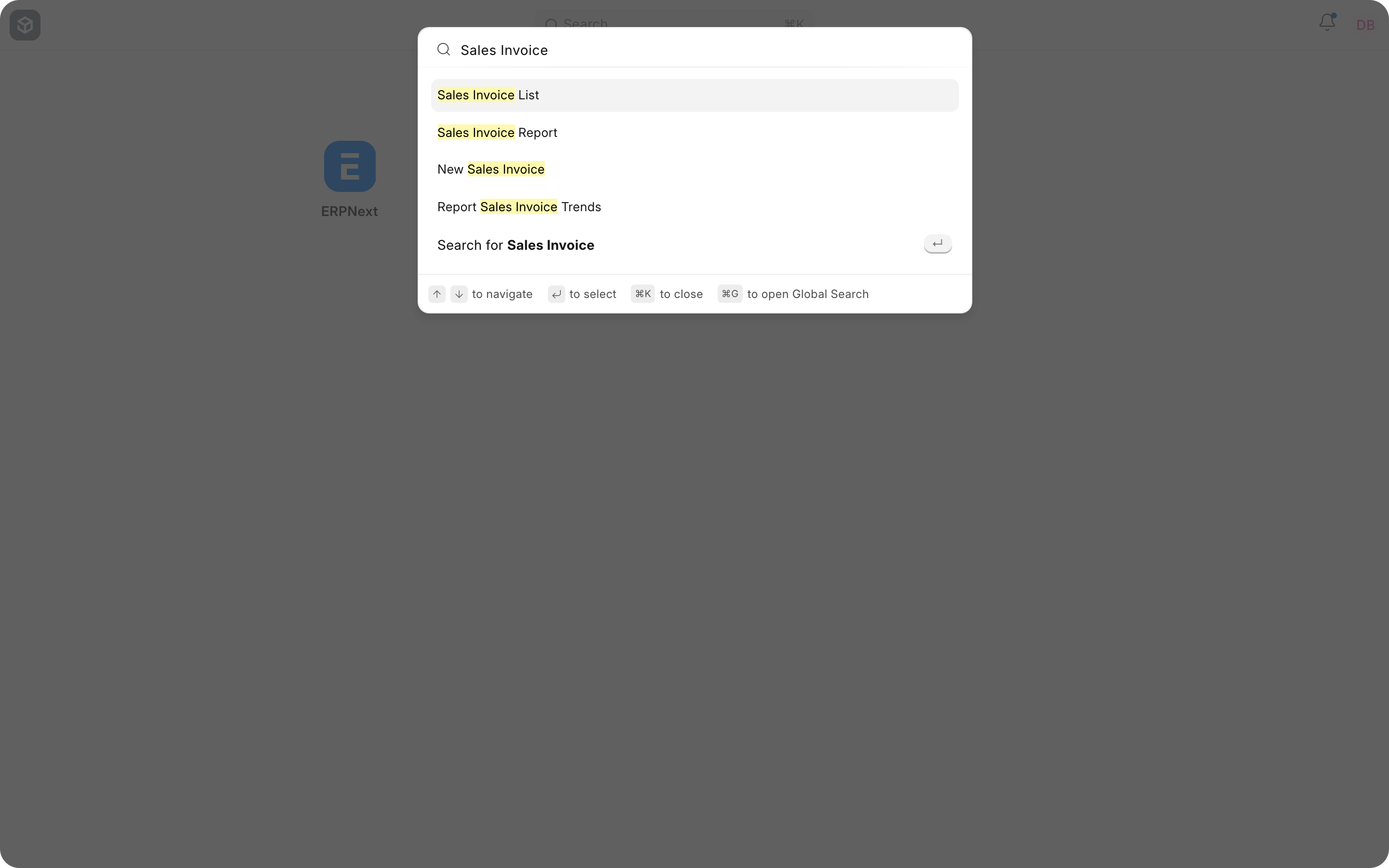 Bravo Hub ERP Awesomebar showing list, report, and new-document results for Sales Invoice
