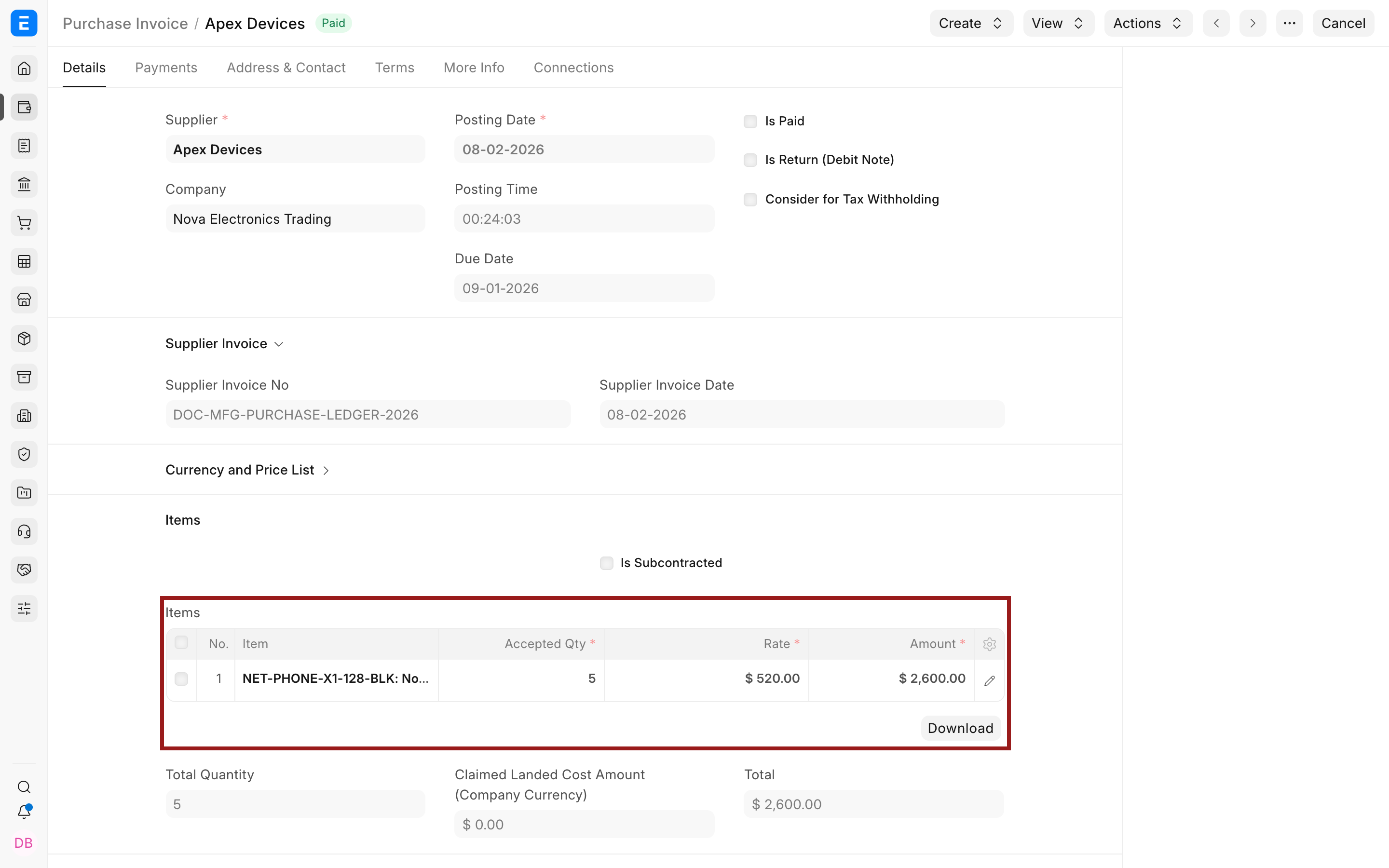 Inventory items on a submitted Bravo Hub ERP Purchase Invoice