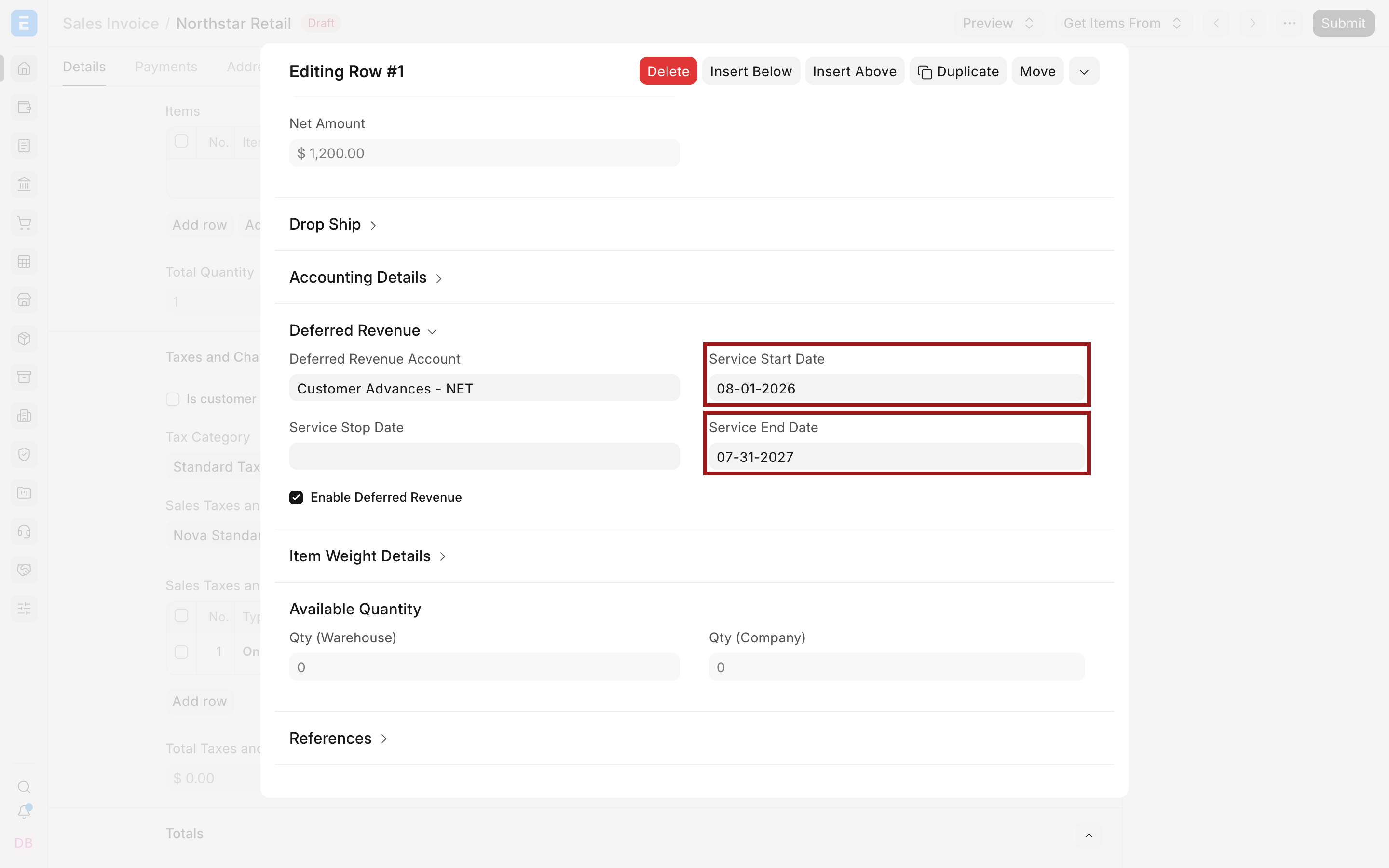 Deferred revenue account and service period on a Sales Invoice Item