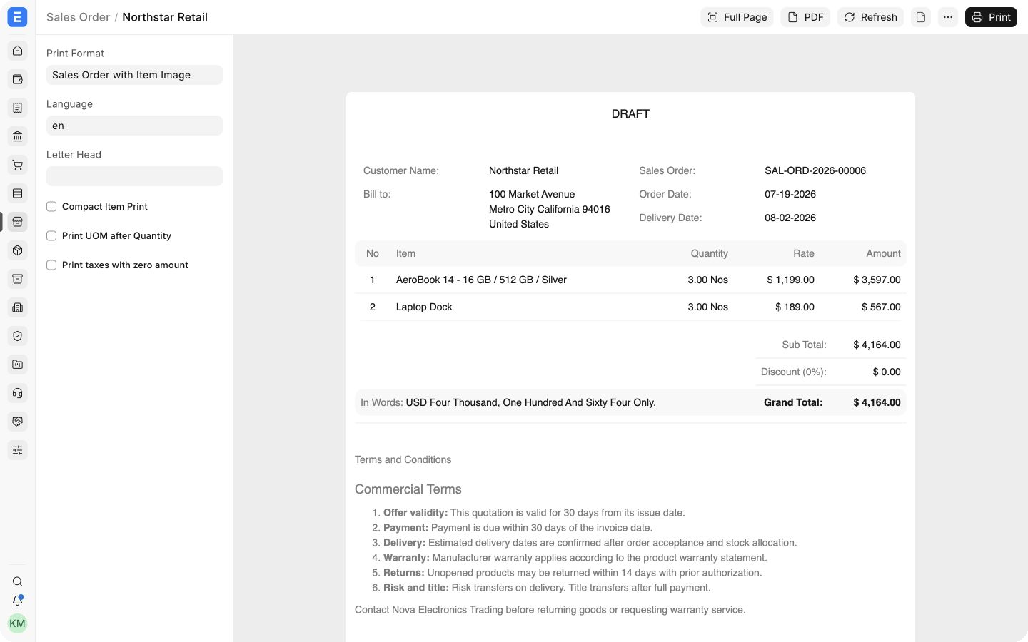 Bravo Hub ERP Sales Order print preview showing the Terms and Conditions section