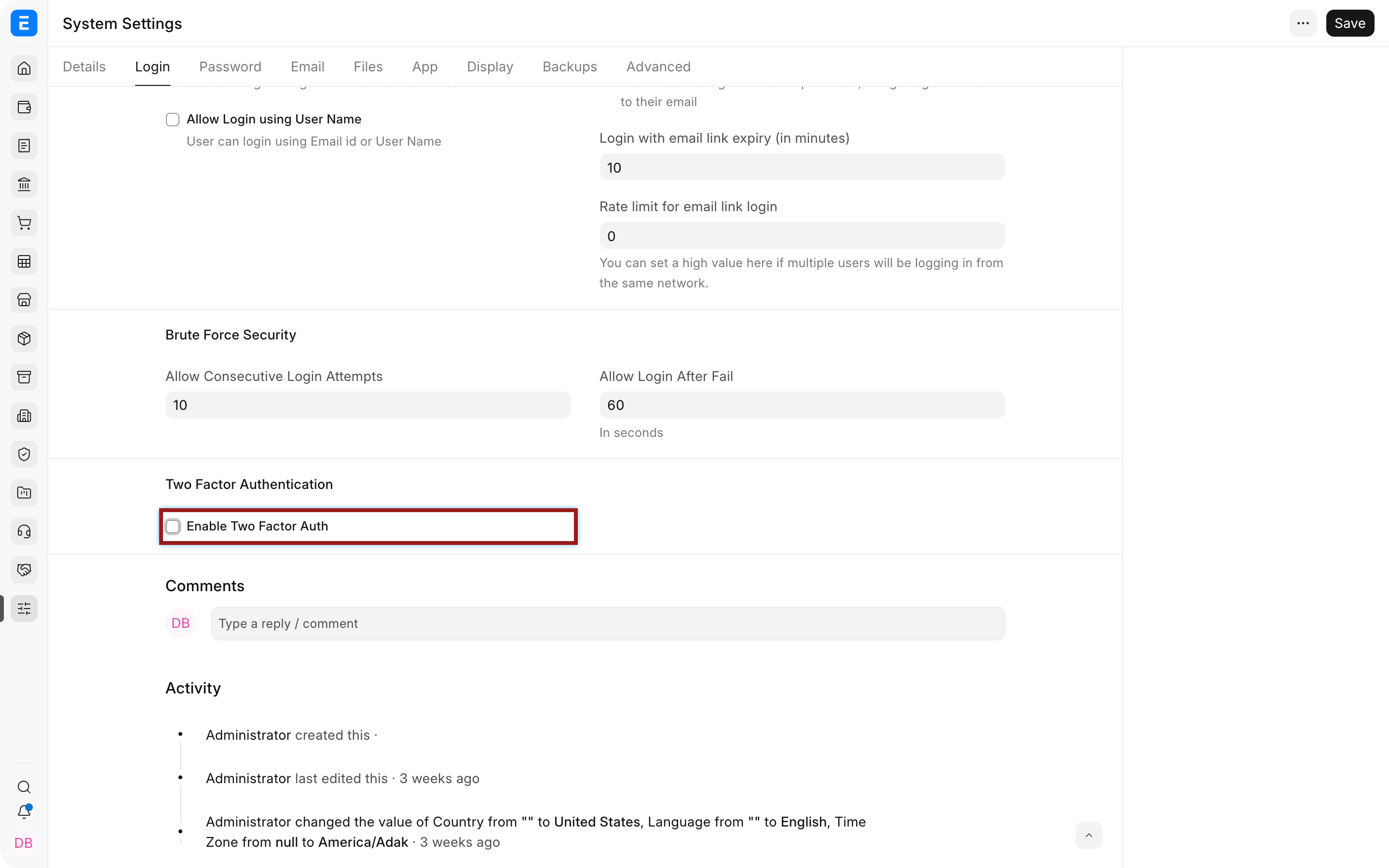 Two-factor authentication controls in Bravo Hub ERP System Settings