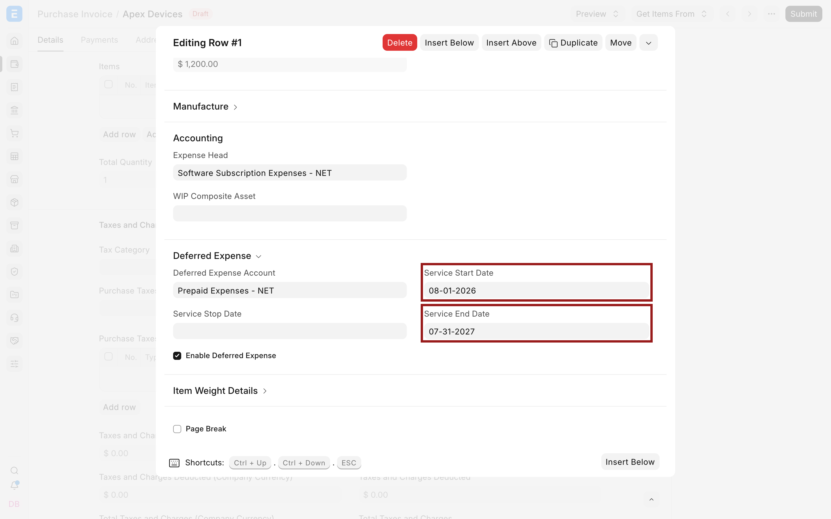Deferred expense account and service period on a Purchase Invoice Item