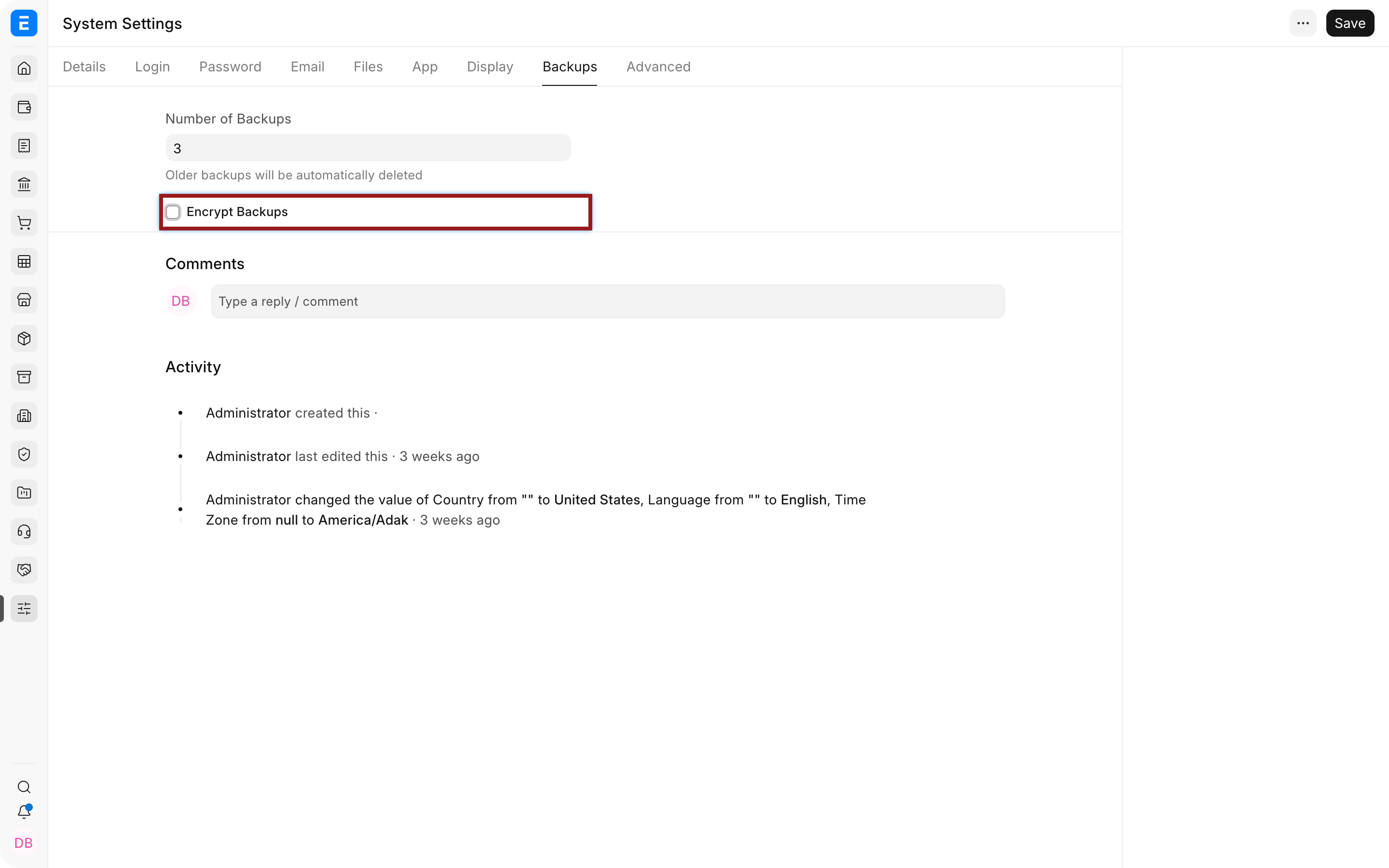 Backup retention and encryption controls in Bravo Hub ERP System Settings