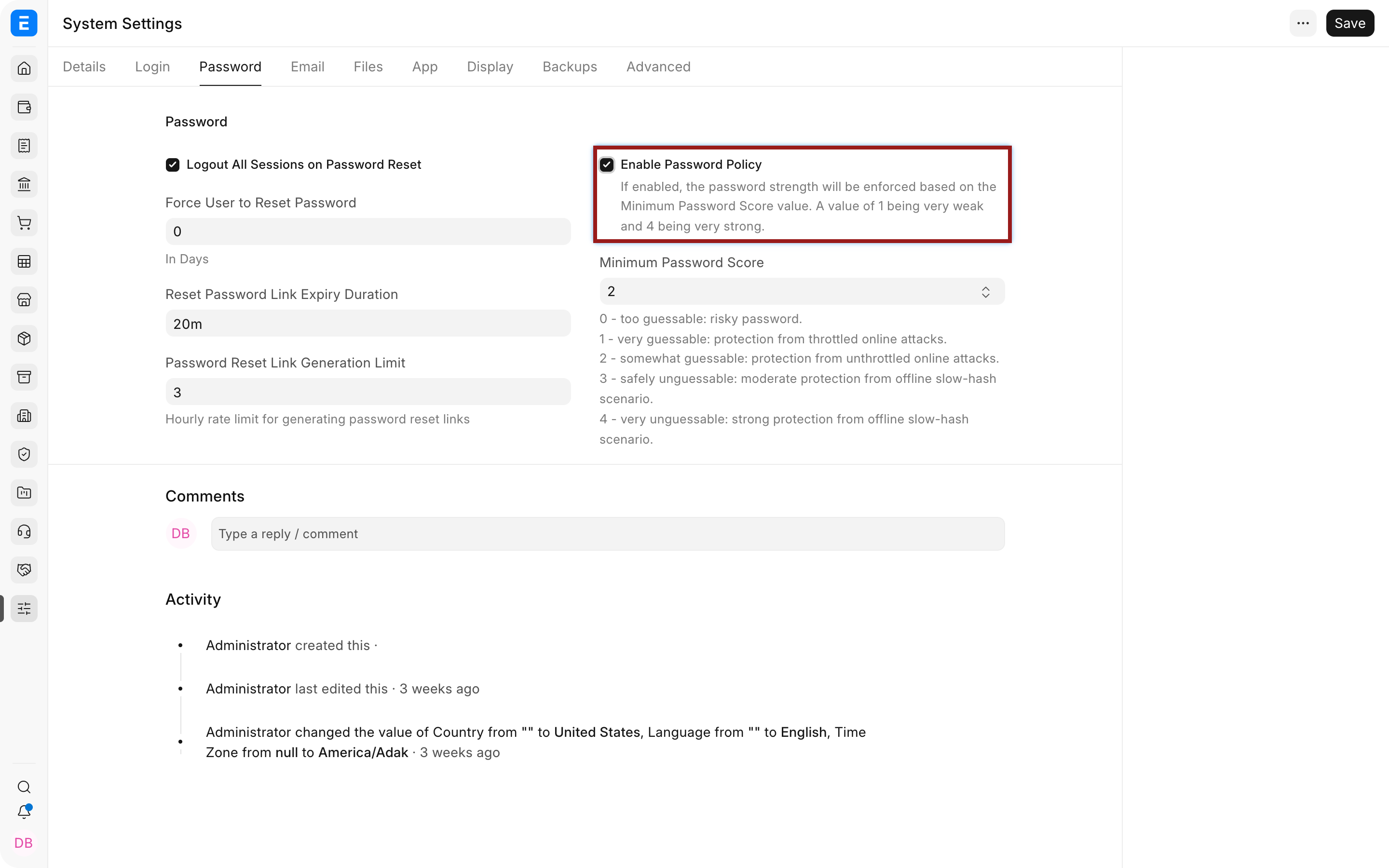Password policy controls in Bravo Hub ERP System Settings