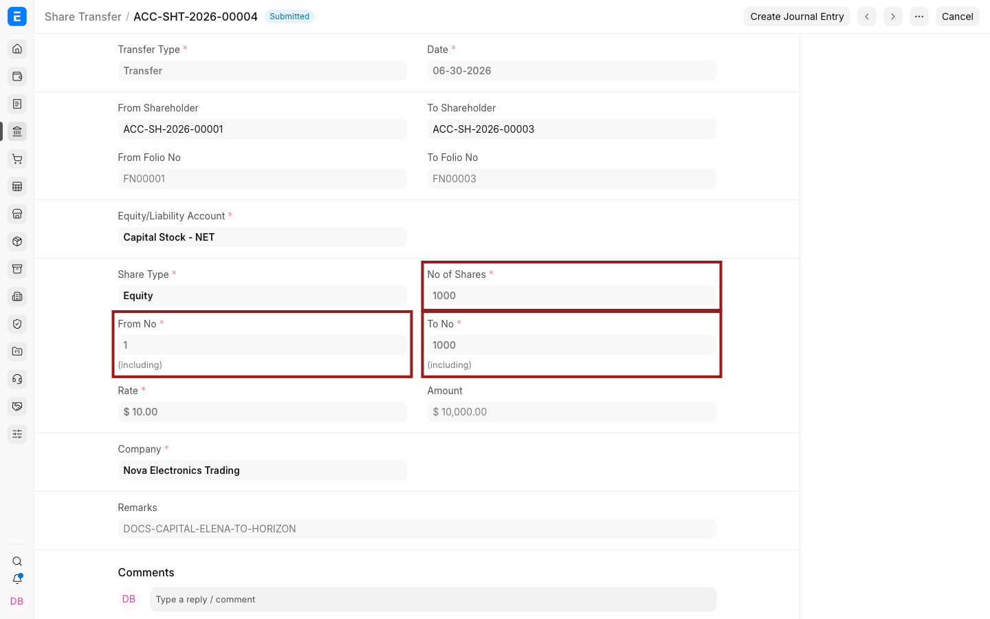 Transferred share range and quantity highlighted