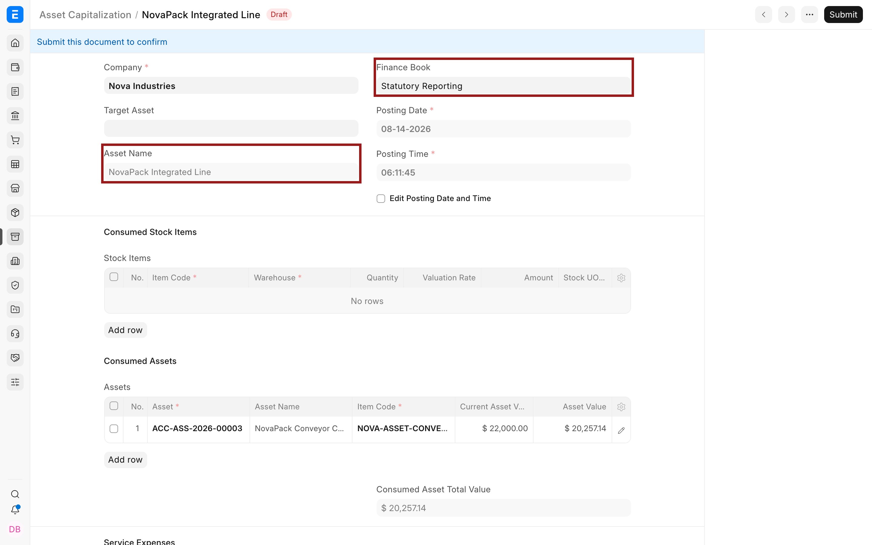 Target Asset details in Bravo Hub ERP Asset Capitalization