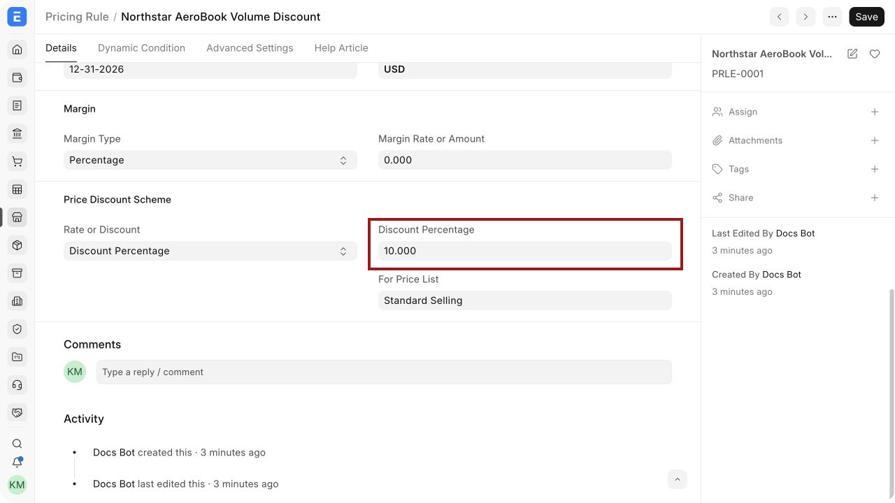 Pricing Rule discount percentage in Bravo Hub ERP