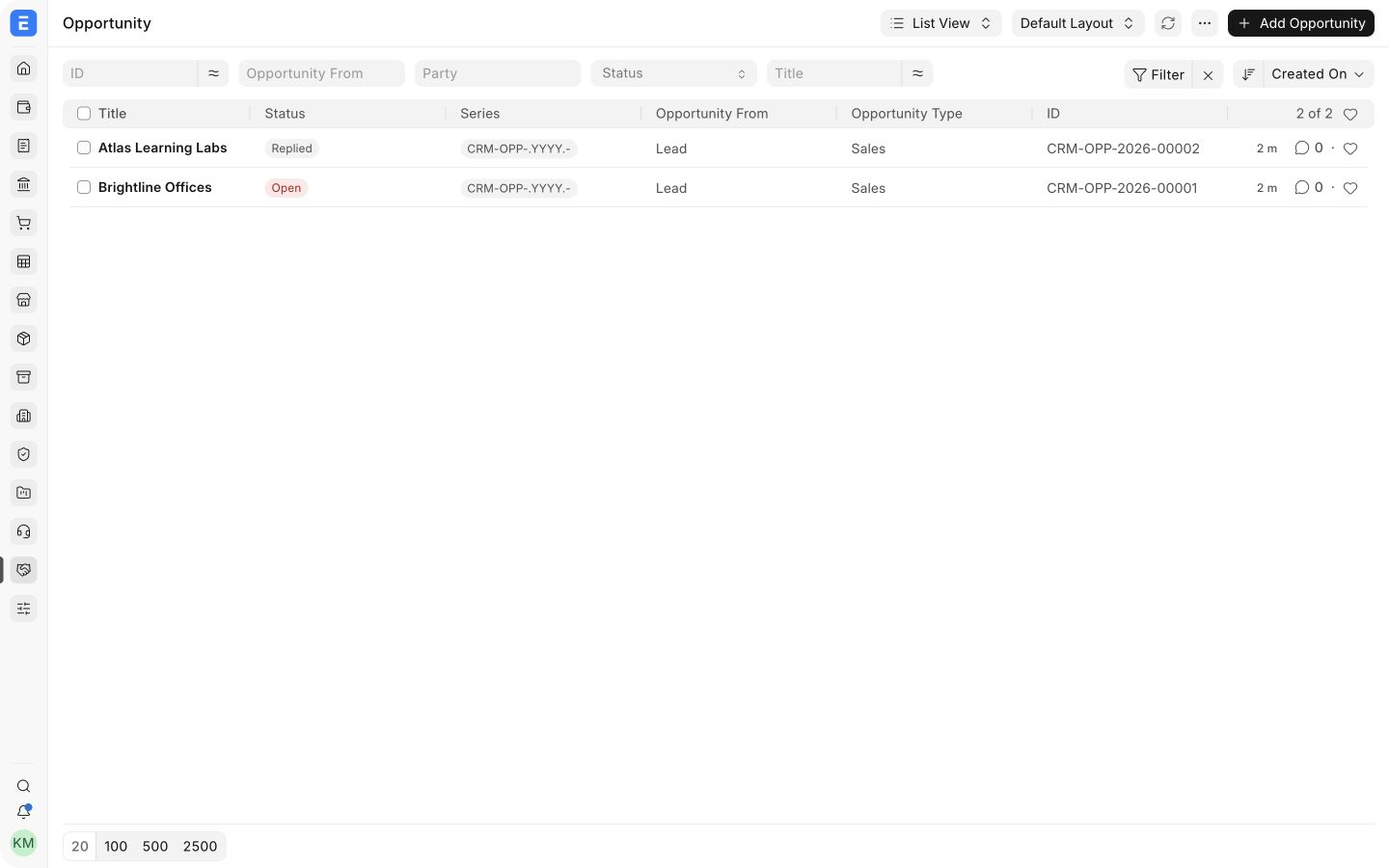 Bravo Hub ERP Opportunity list with realistic demo opportunities and their current statuses