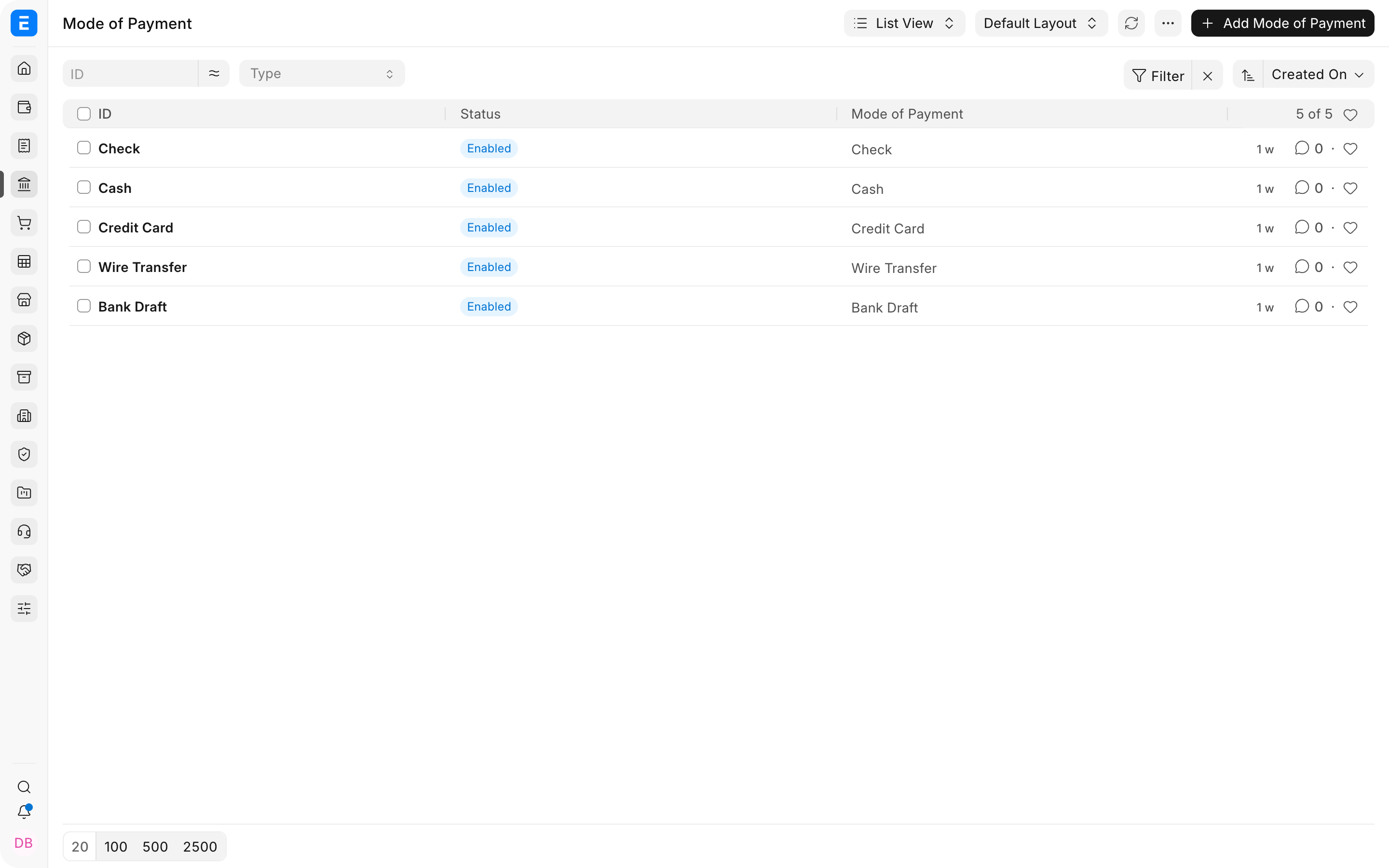 Mode of Payment list in Bravo Hub ERP