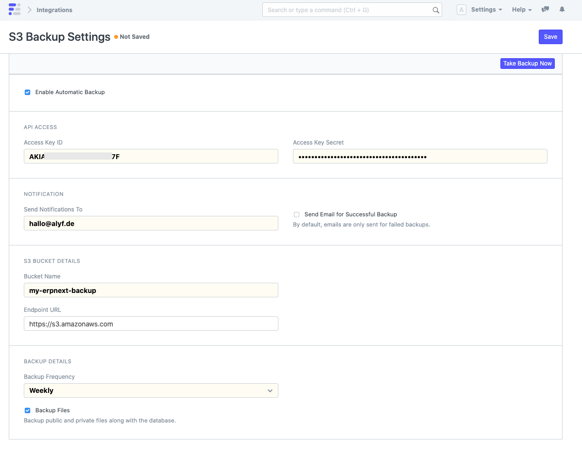S3 Backup Settings in Bravo Hub ERP