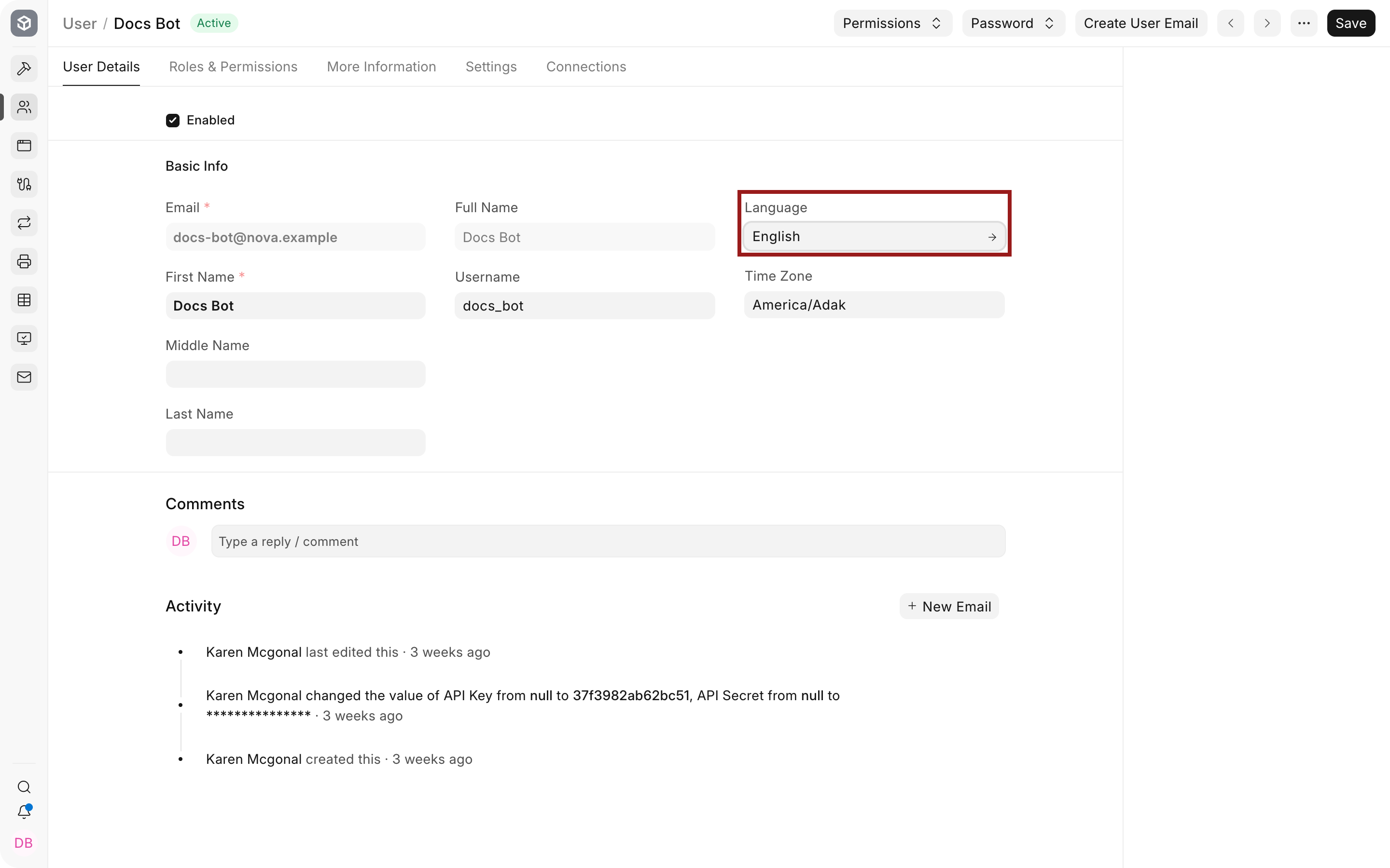 Language field on an Bravo Hub ERP User record